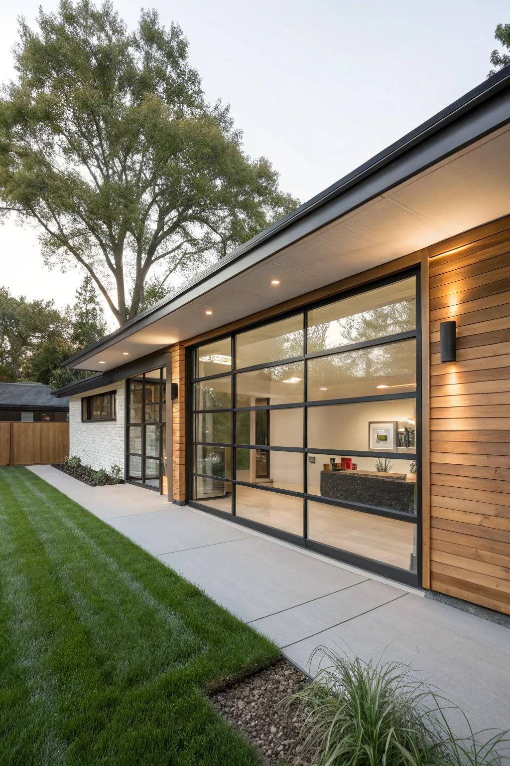 A mid-century modern home featuring a stylish glass garage door.