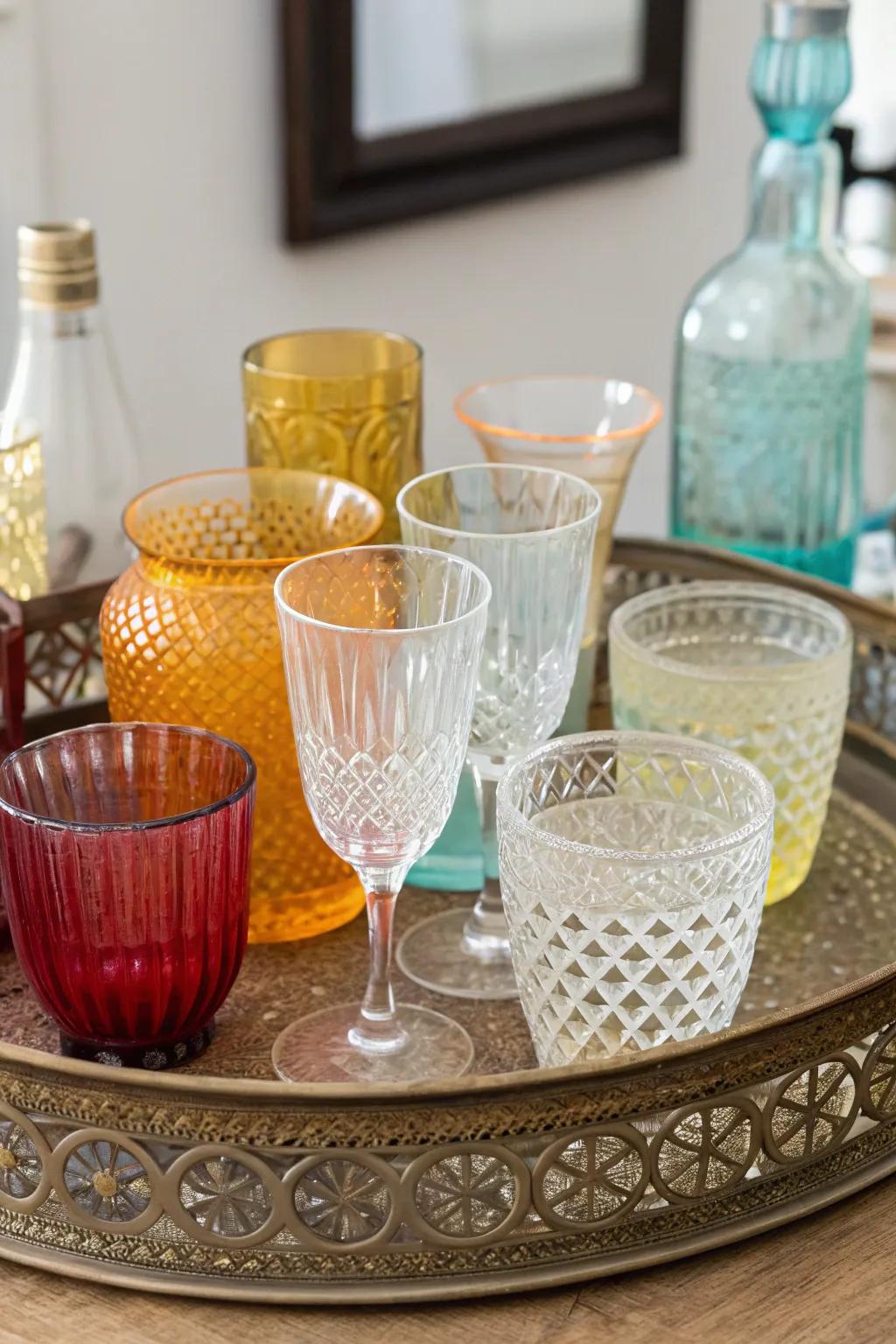 A fashionable and adaptable glassware display on an ornamental serving board.