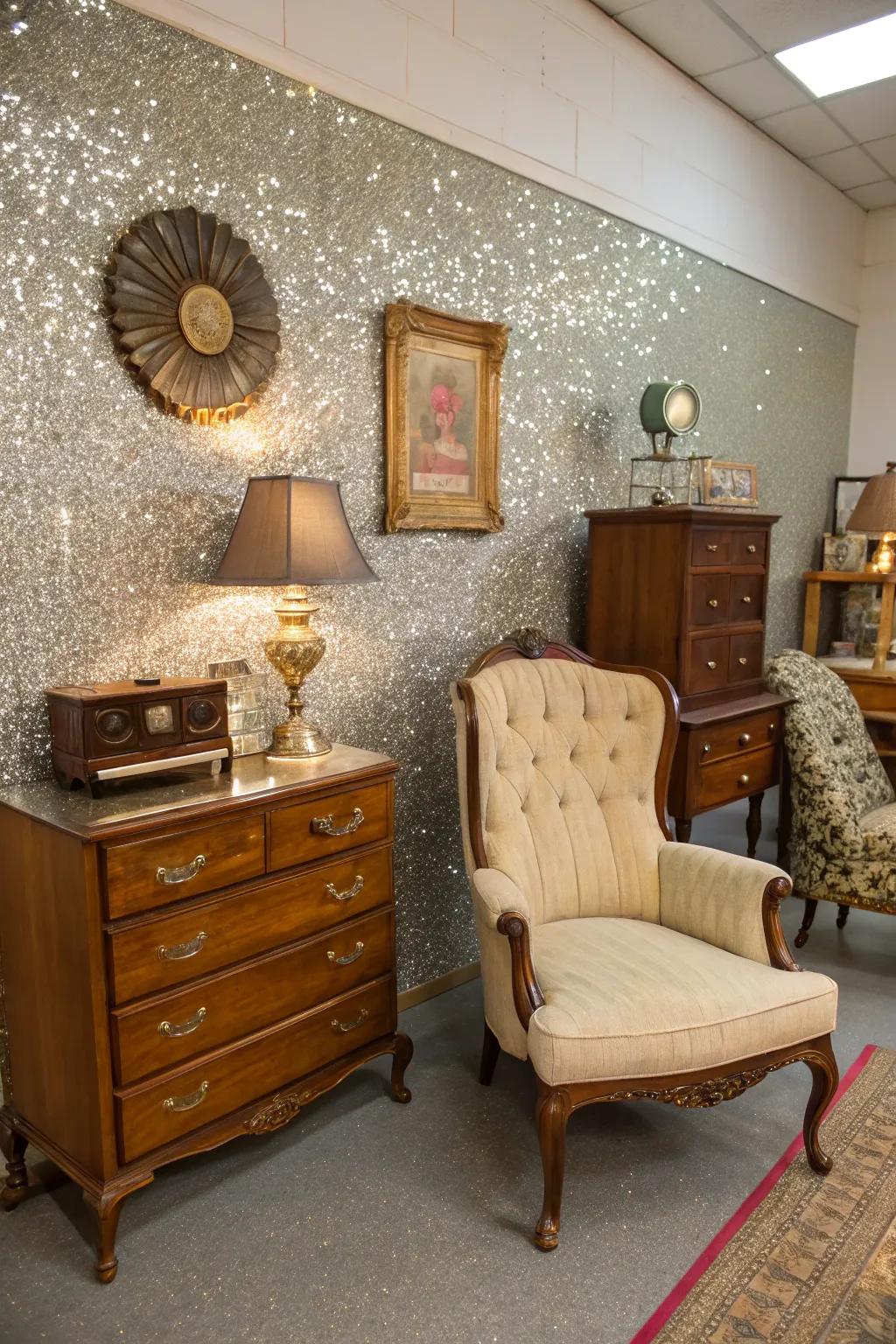 A shimmer accent wall brings retro glamour to a room.