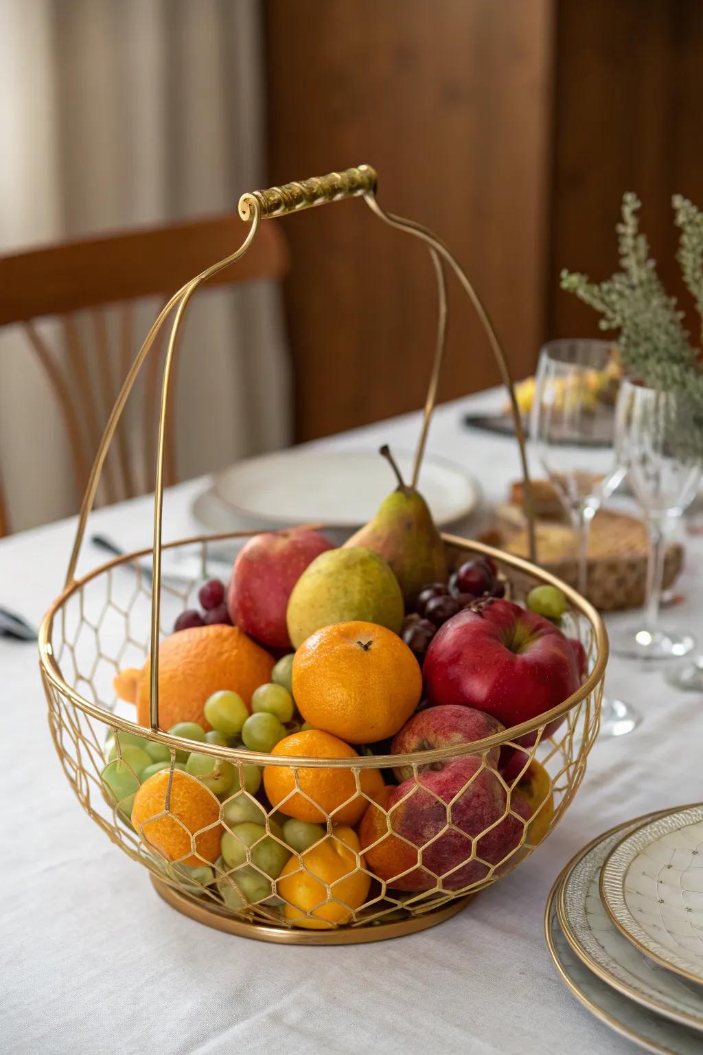 Vibrant gold wire basket centerpiece with seasonal produce.