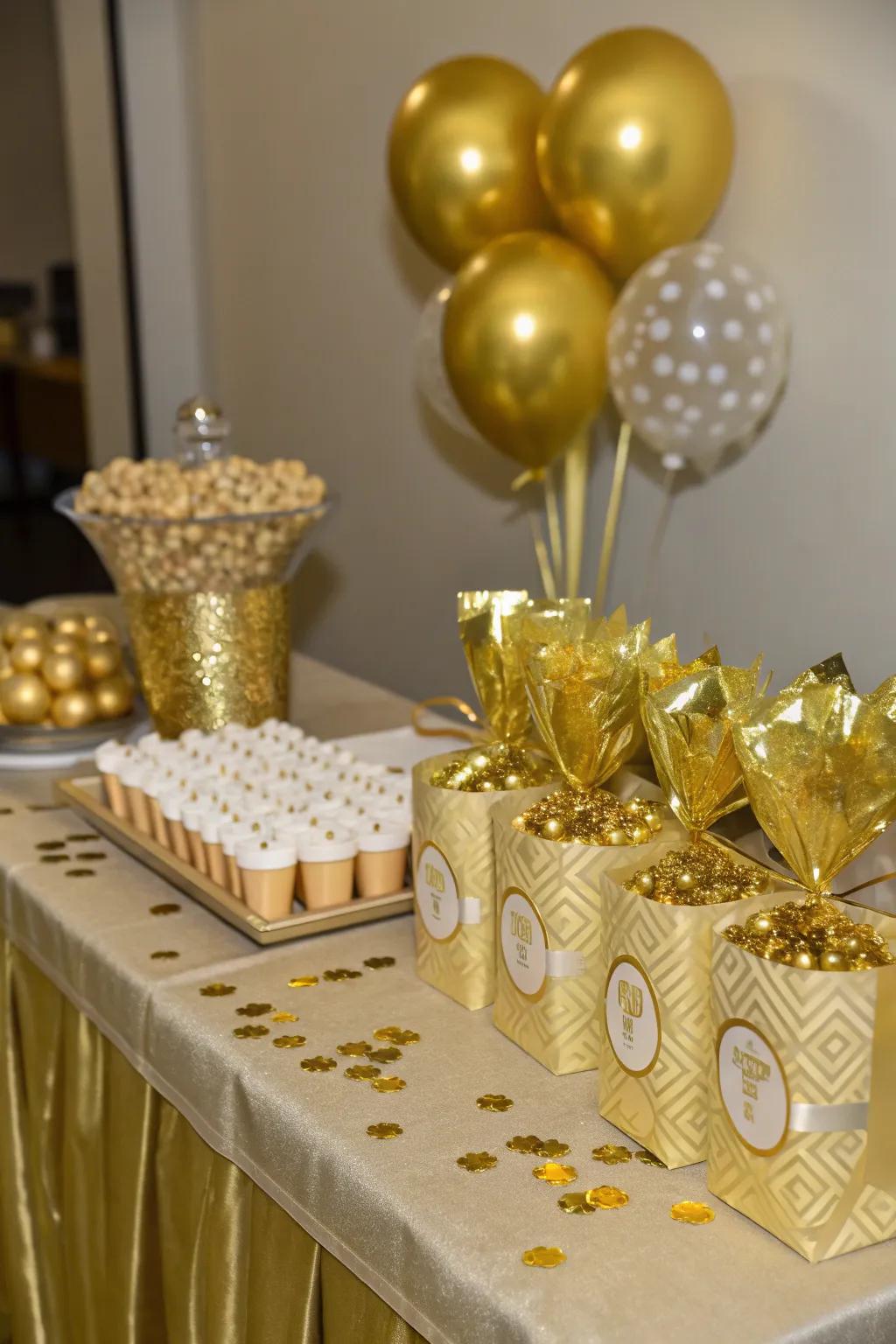 Party favors that embrace a gold theme serve as a thoughtful means of appreciating attendees.
