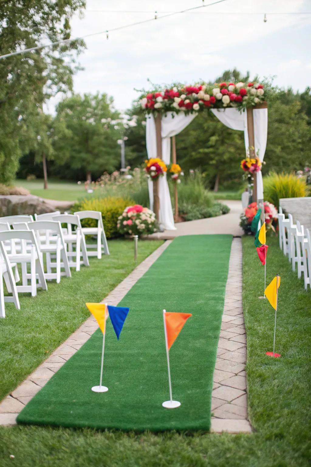 An elegant aisle with fairway-inspired decorations sets the stage for a golf-themed ceremony.