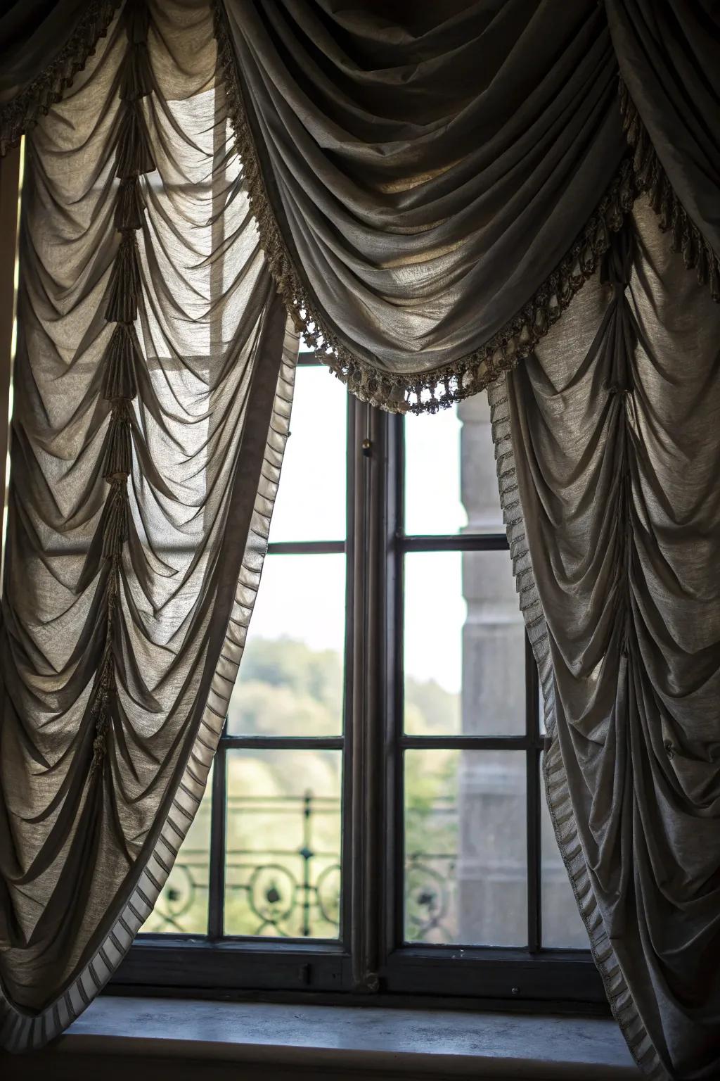 Layered window treatment that plays with radiance and shade.
