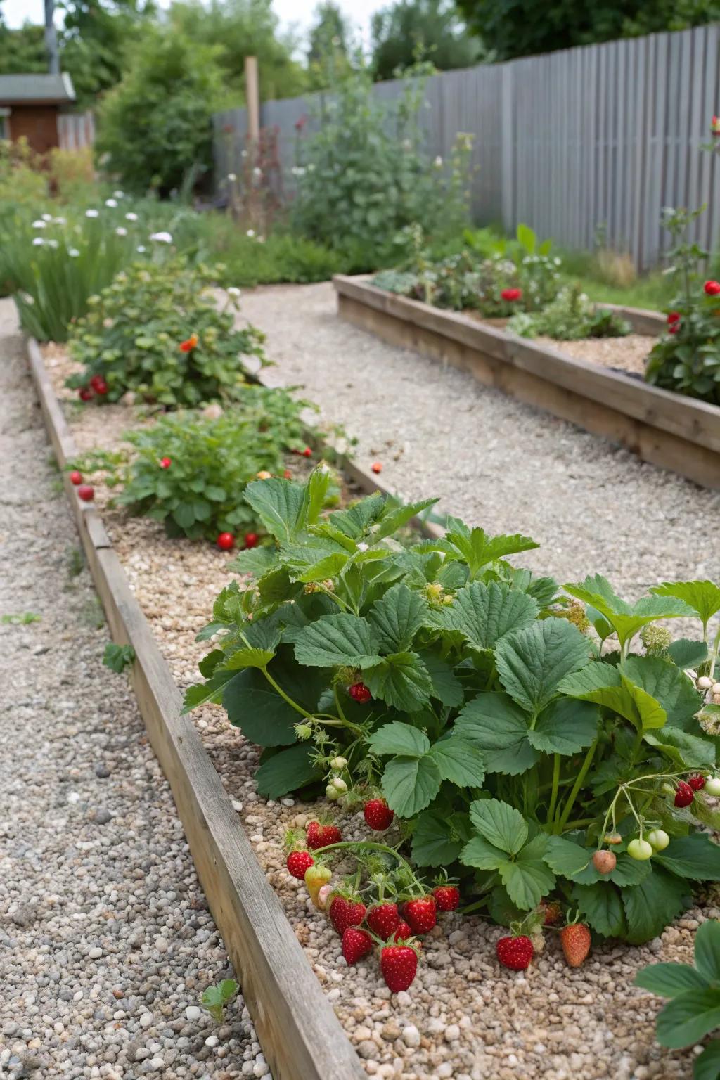 A pebble garden yielding edibles and showcasing strawberries