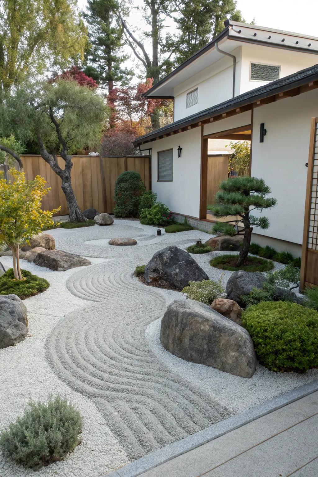 A tranquil Zen garden with gravel creates a peaceful retreat.