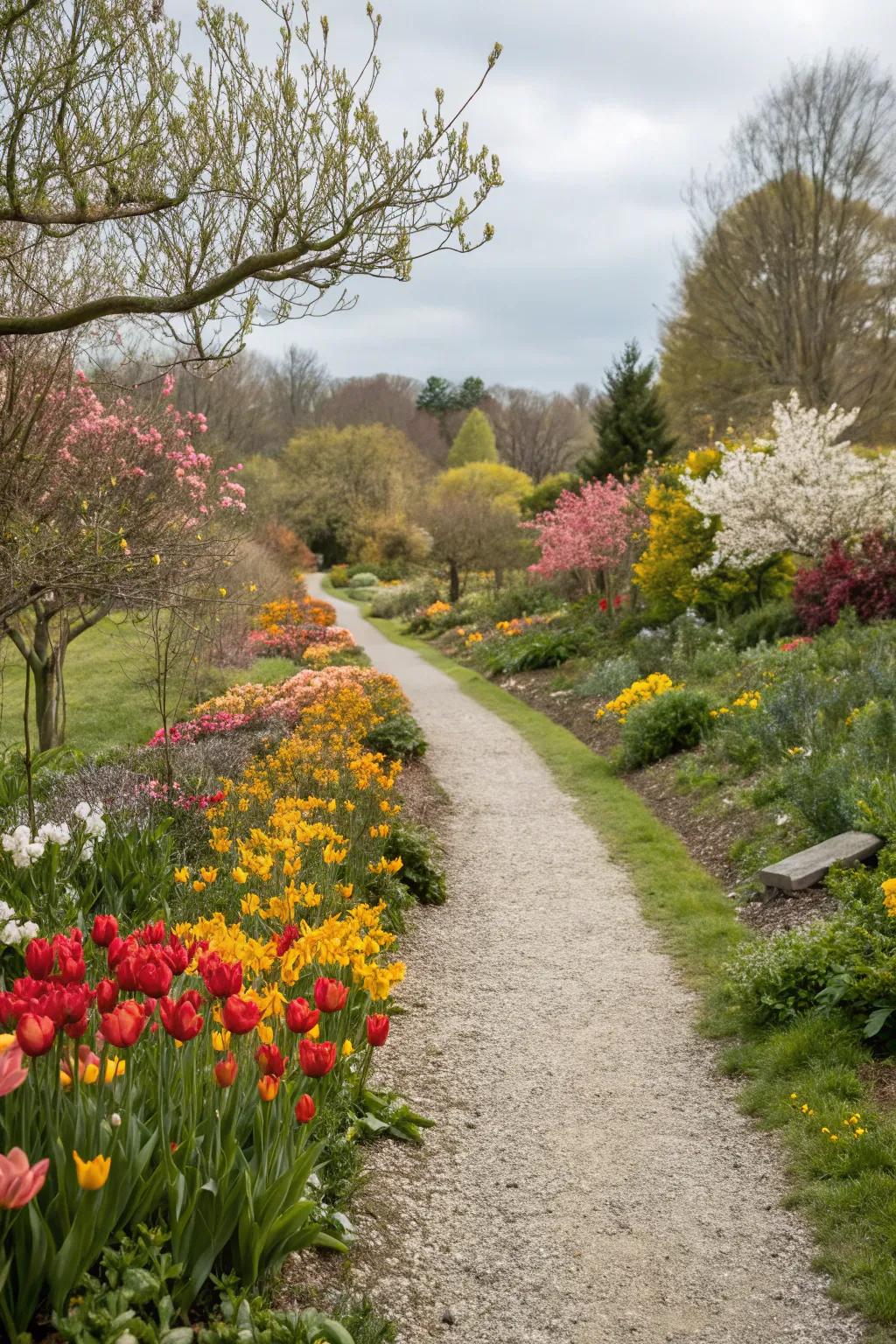 Seasonal plantings keep a path lively throughout the year.