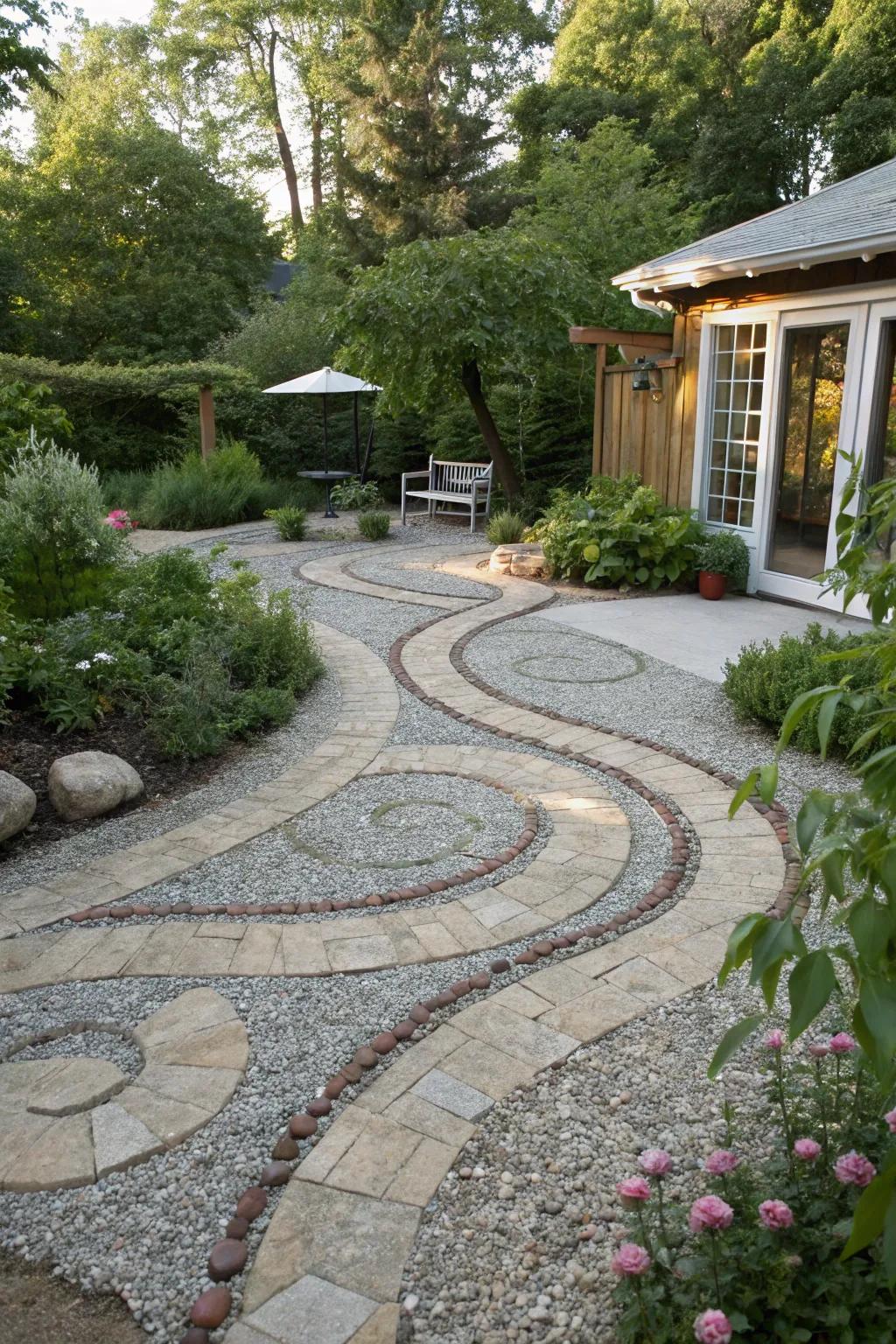 A gravel patio spotlighting charming stepping stone paths for added allure.