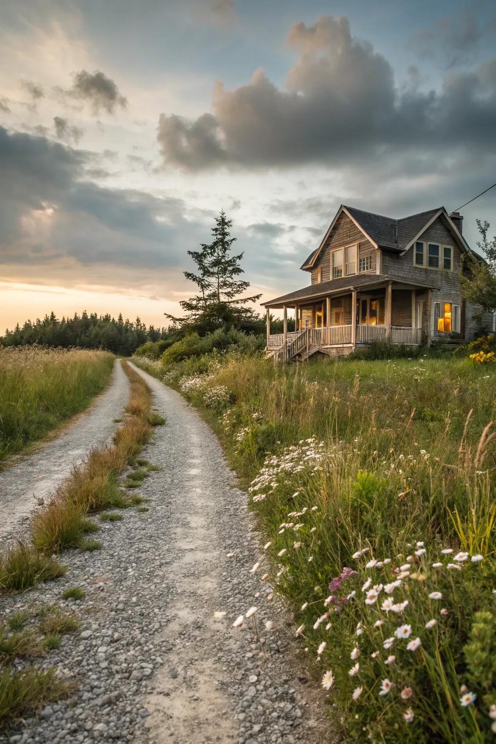 A welcoming gravel driveway with natural charm.
