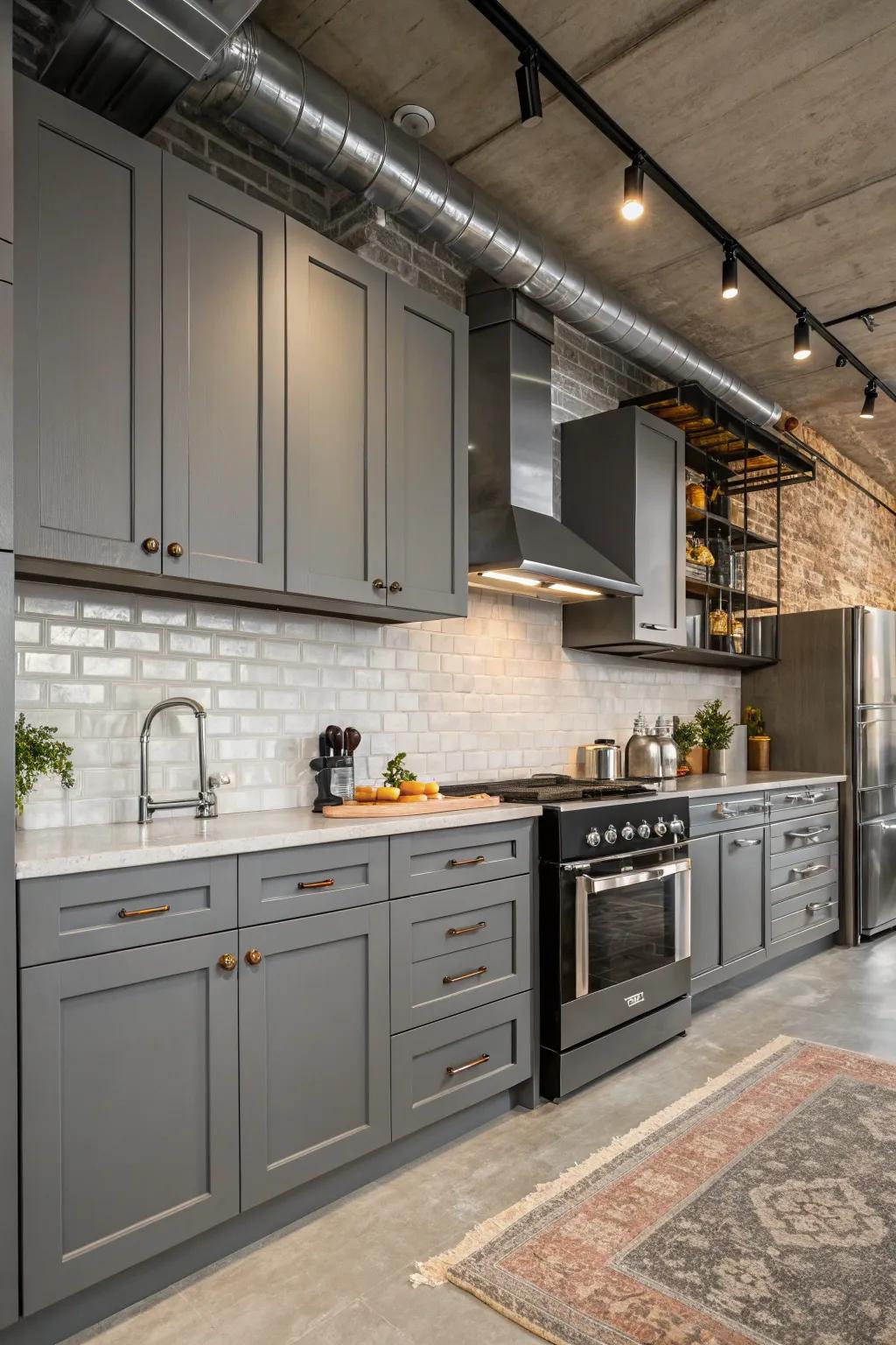 Gray kitchen cabinets get a distinctive edge from industrial accents.
