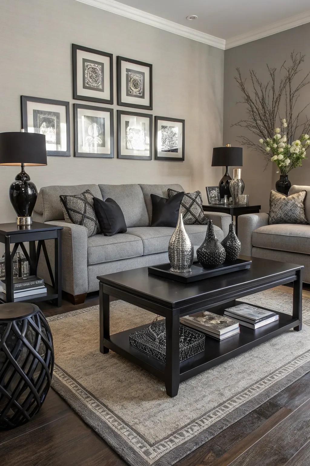 Black details add a striking touch to a gray room.