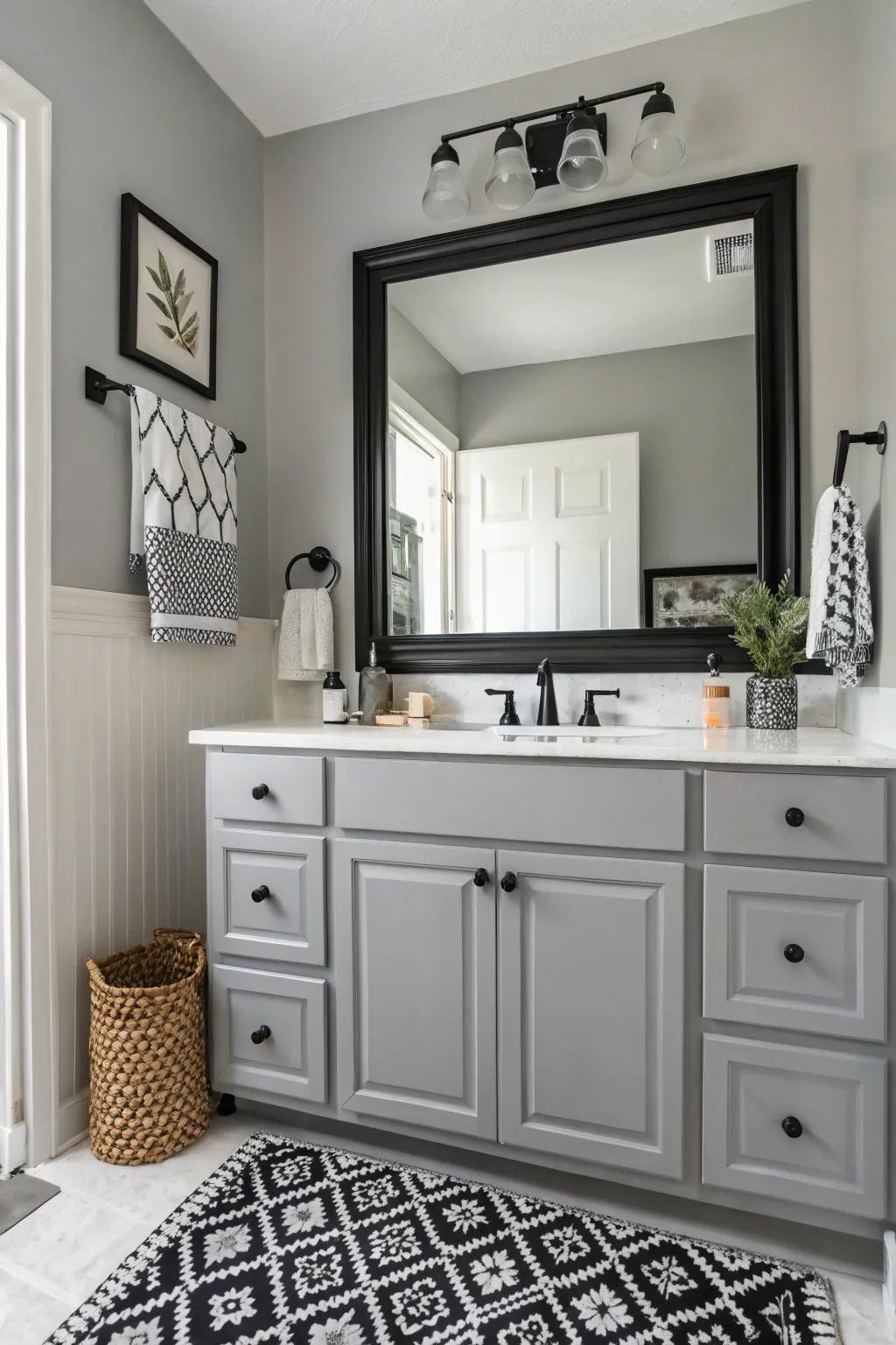 An elegant monochrome lavatory with a gray stand as the centerpiece.