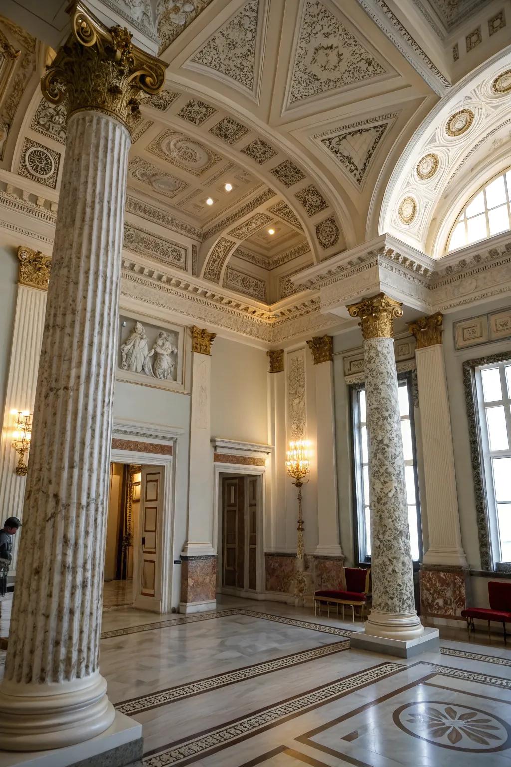 High ceilings lend grandeur and elegance to Greek-inspired spaces.