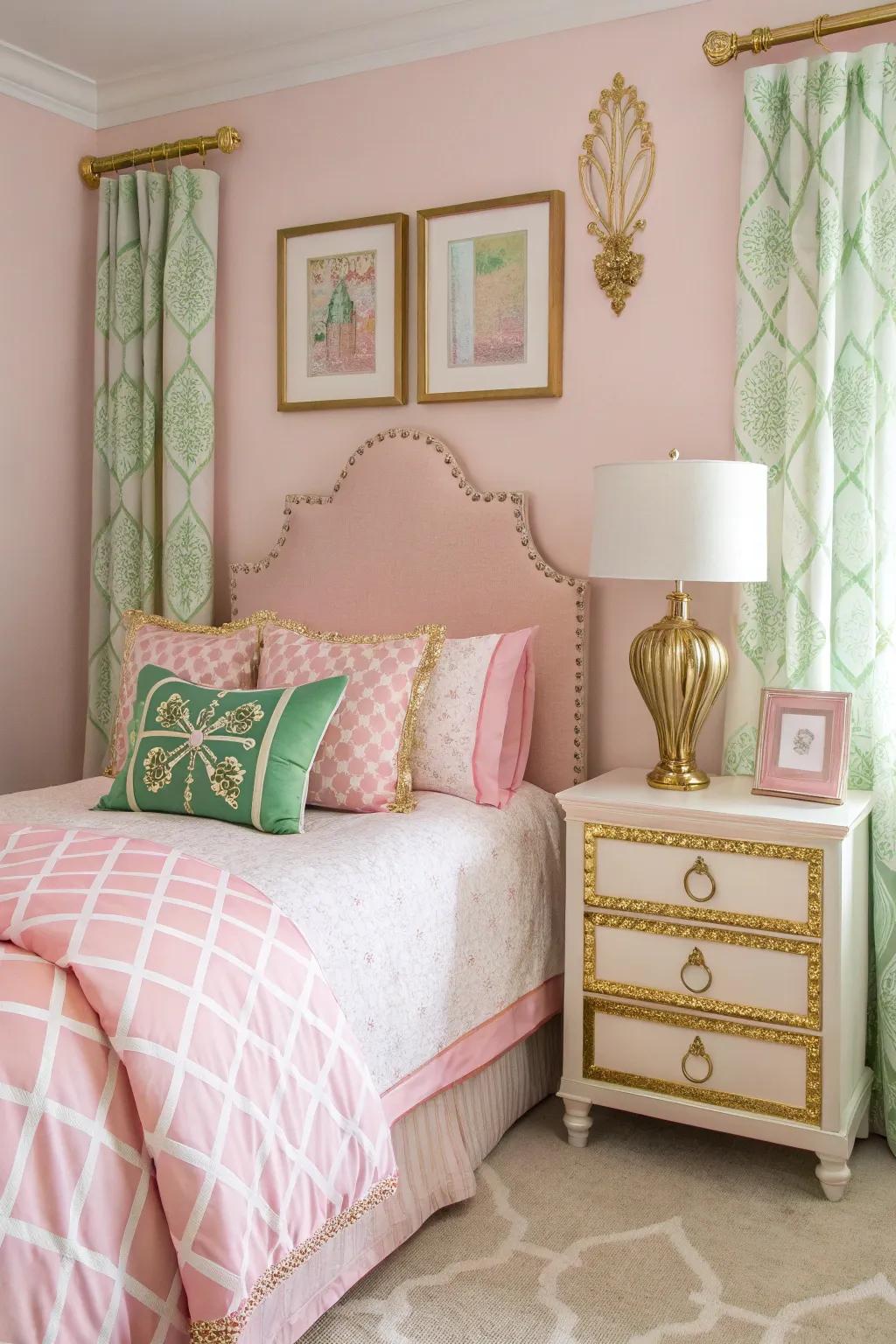 The touch of chic that gold accents bring to the green and rose theme.