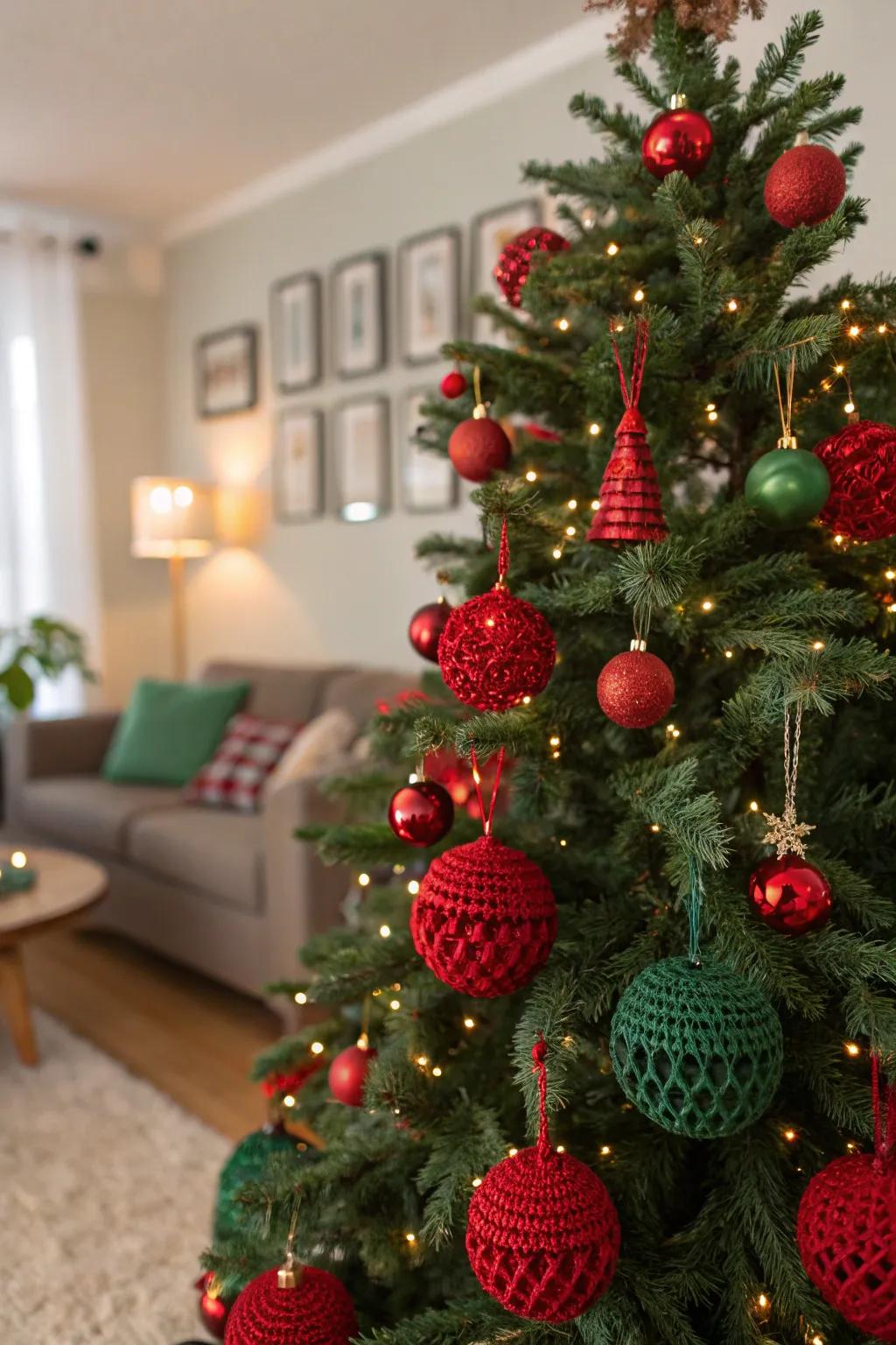 A personalized Christmas tree showcasing handmade crimson and emerald decorations.