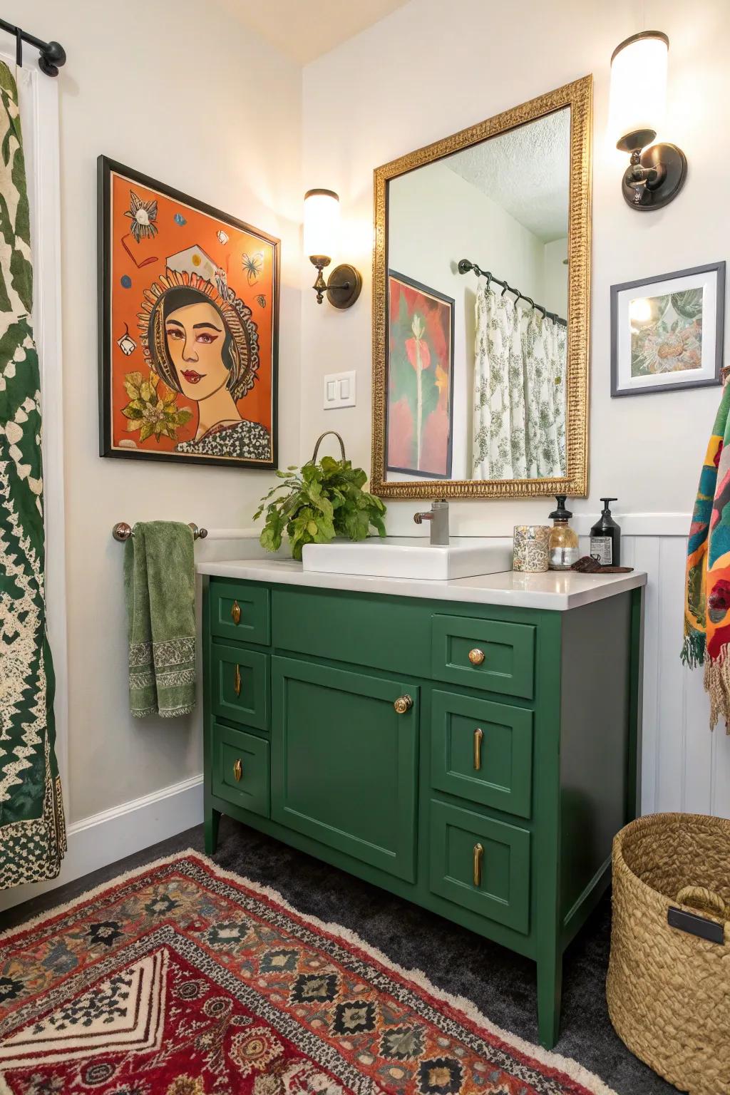 Eclectic elements combined with a green vanity for a unique design.