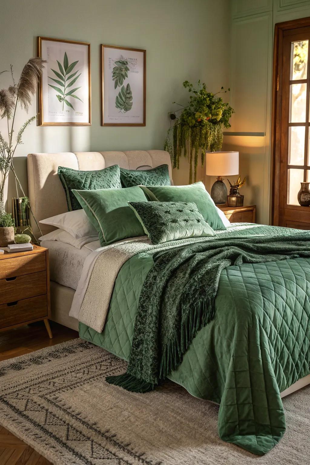 The addition of layered textures in green enhances the bedroom's depth and coziness.