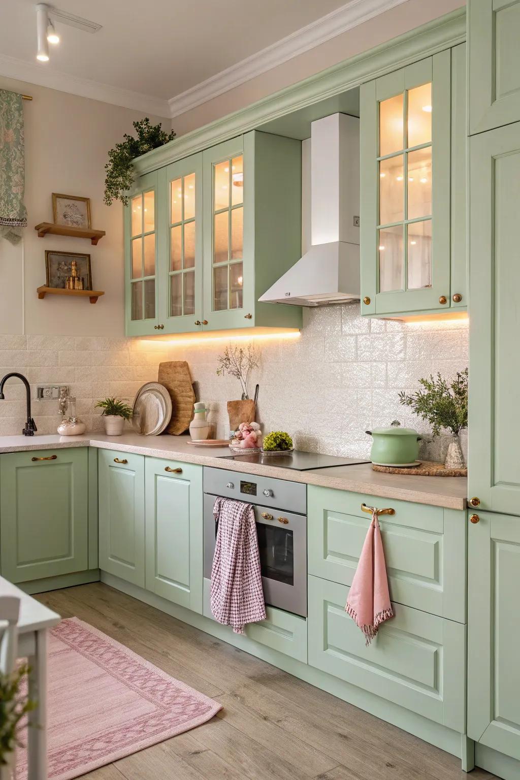 Pastel green cabinets present a soft, unexpected delight in the culinary space.