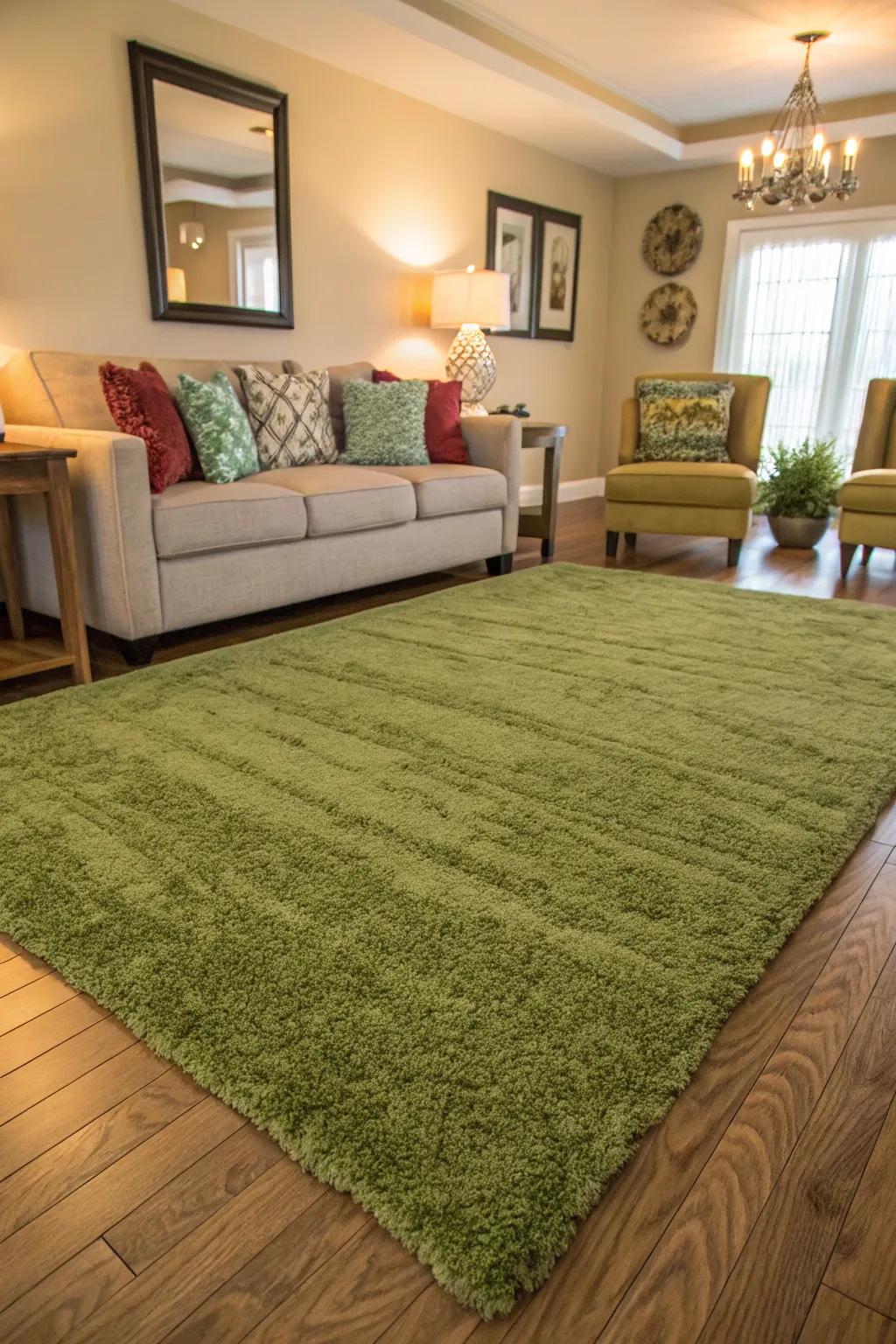 A verdant rug anchors your space with comfort.