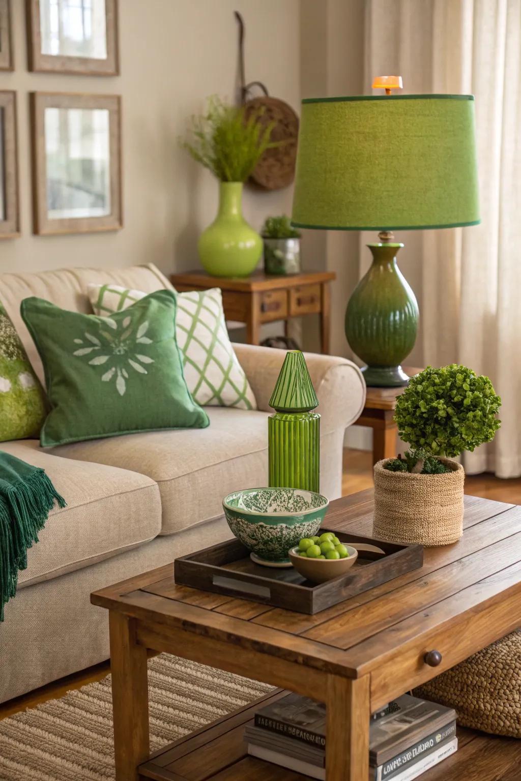 Unexpected green accents introduce charm and intrigue.