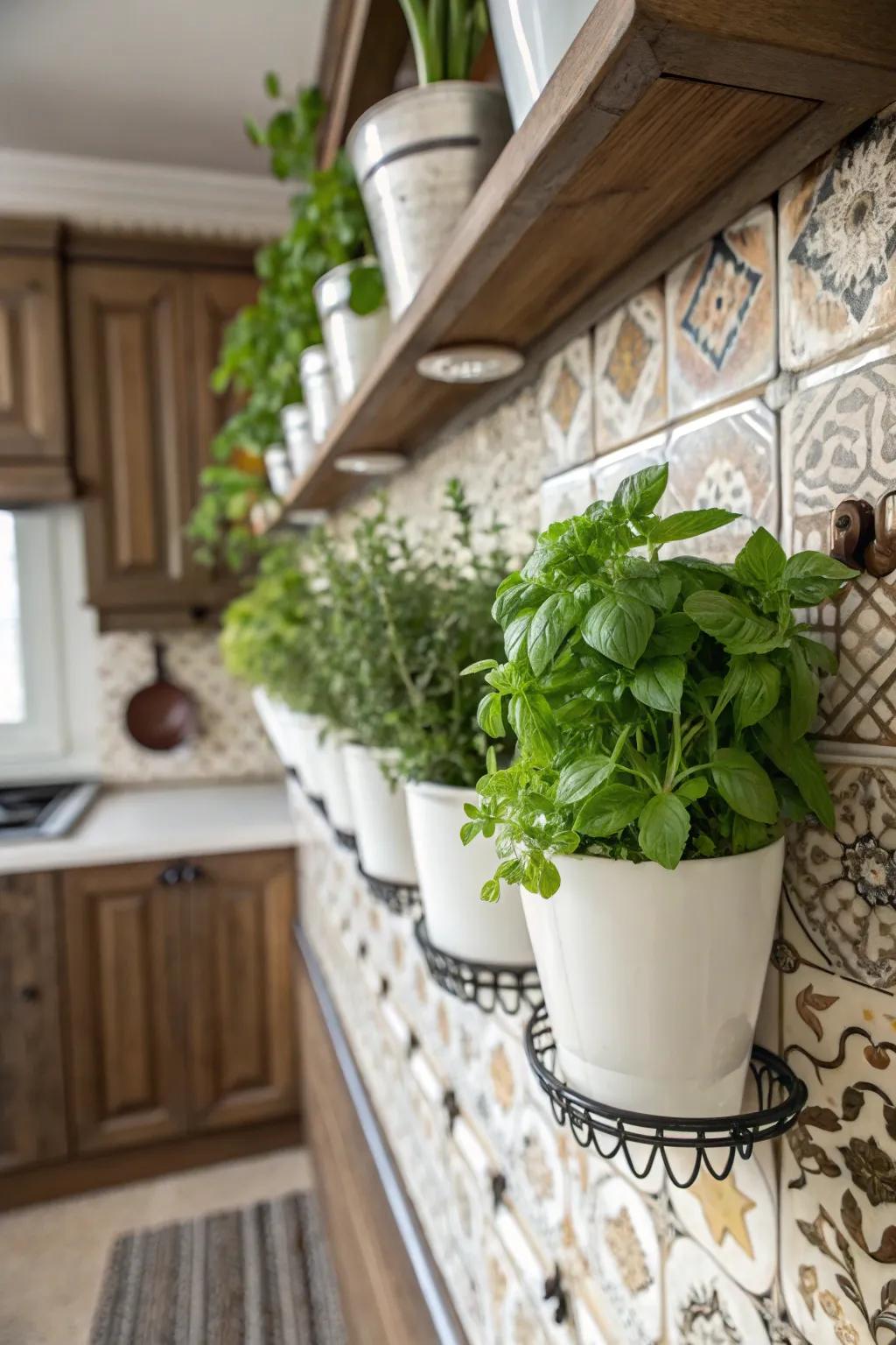A culinary herb garden wall boosts fresh flavors and verdure to the culinary space.