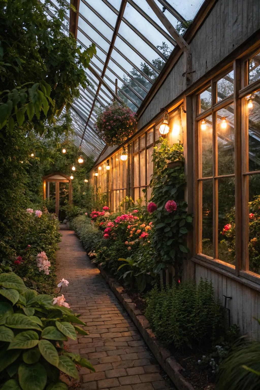 Mood lights add magic to a greenhouse.