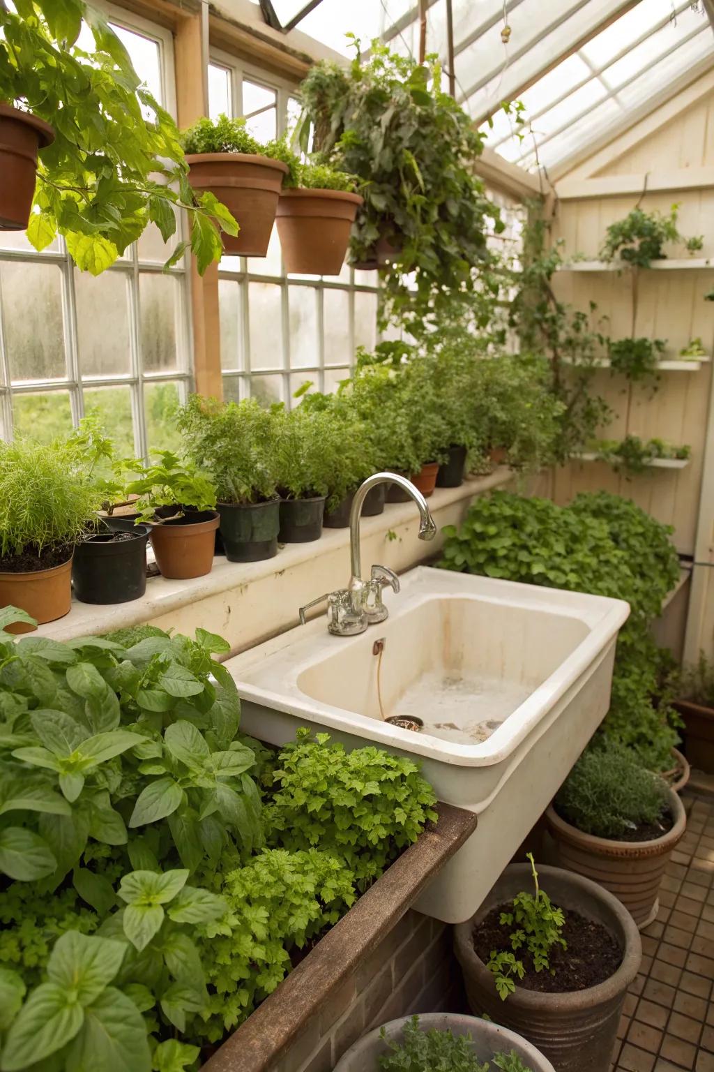 A sink and herb garden set offers both function and flavor.