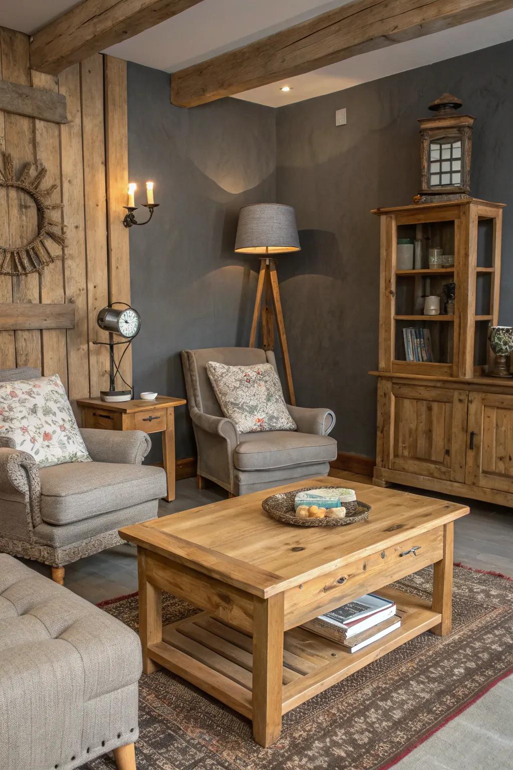 A rustic room featuring a grey accent wall and wooden furniture.