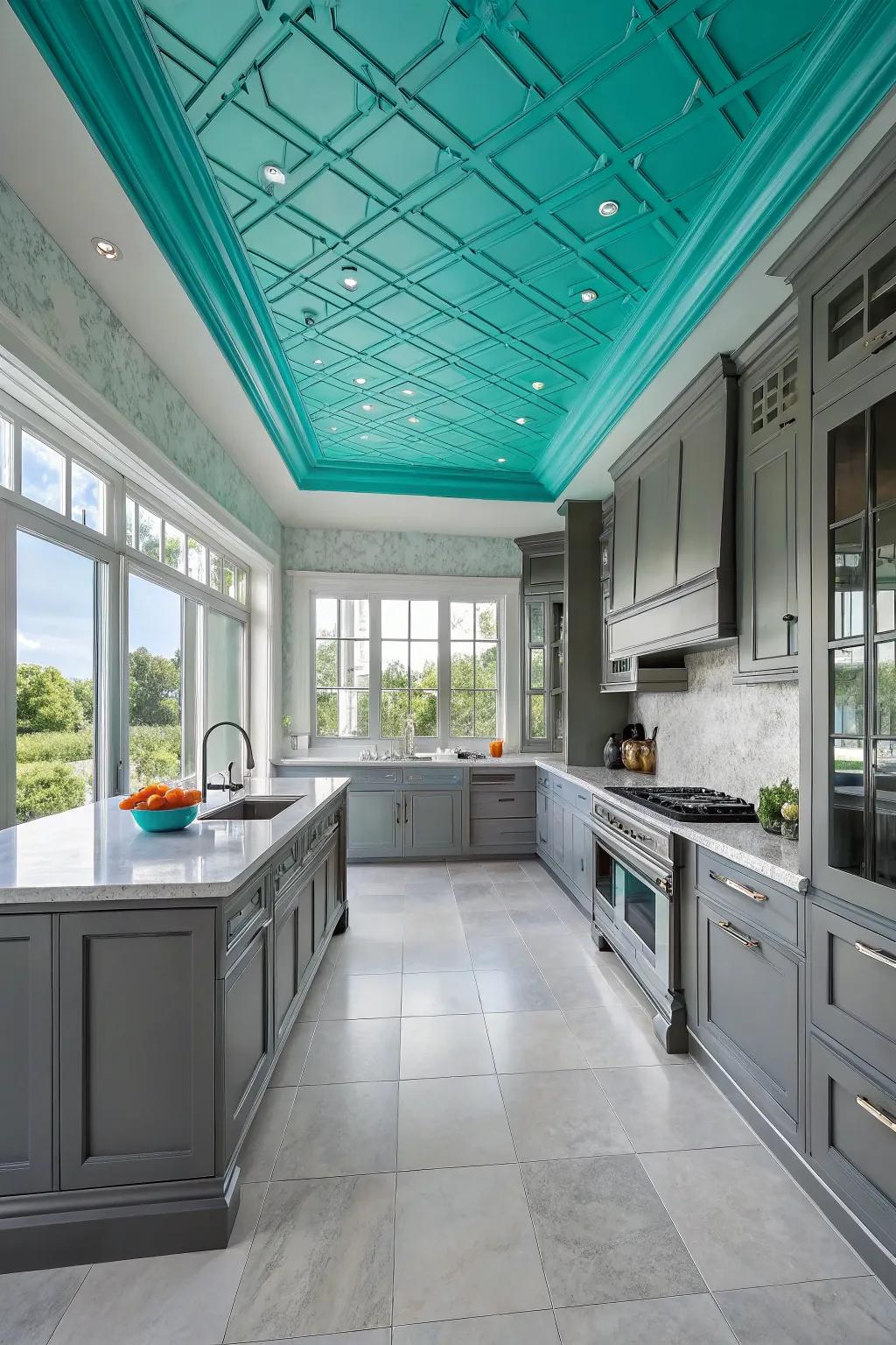 An azure ceiling incorporates a surprising and striking hint.