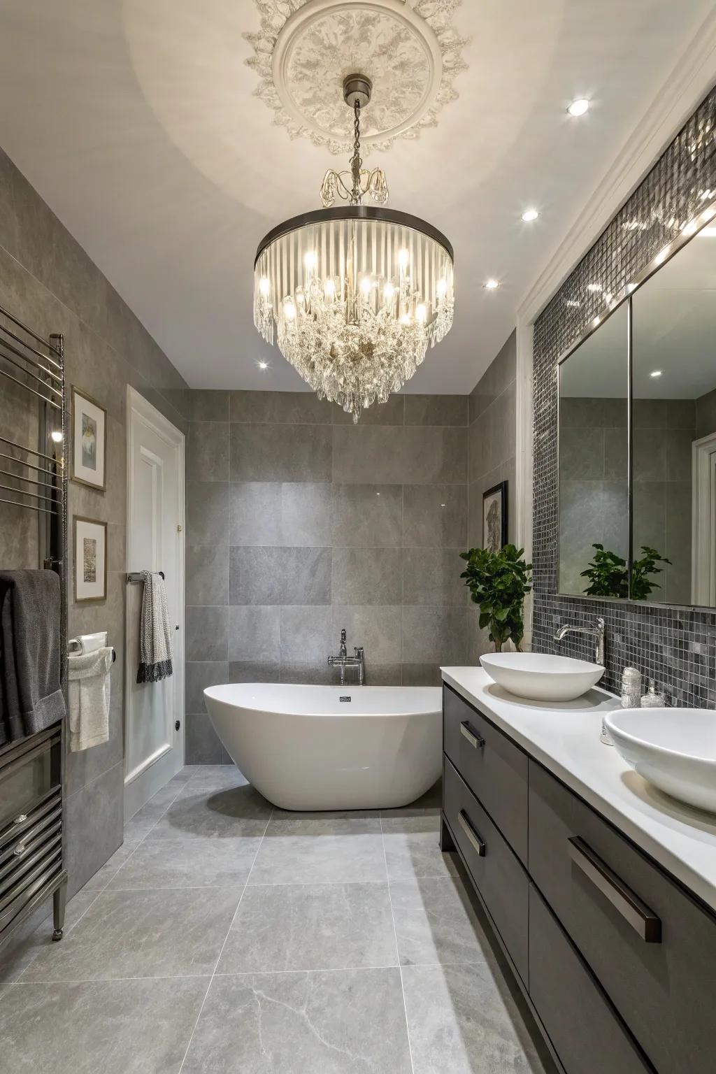 A statement lighting fixture adds elegance and focus to the bathroom.