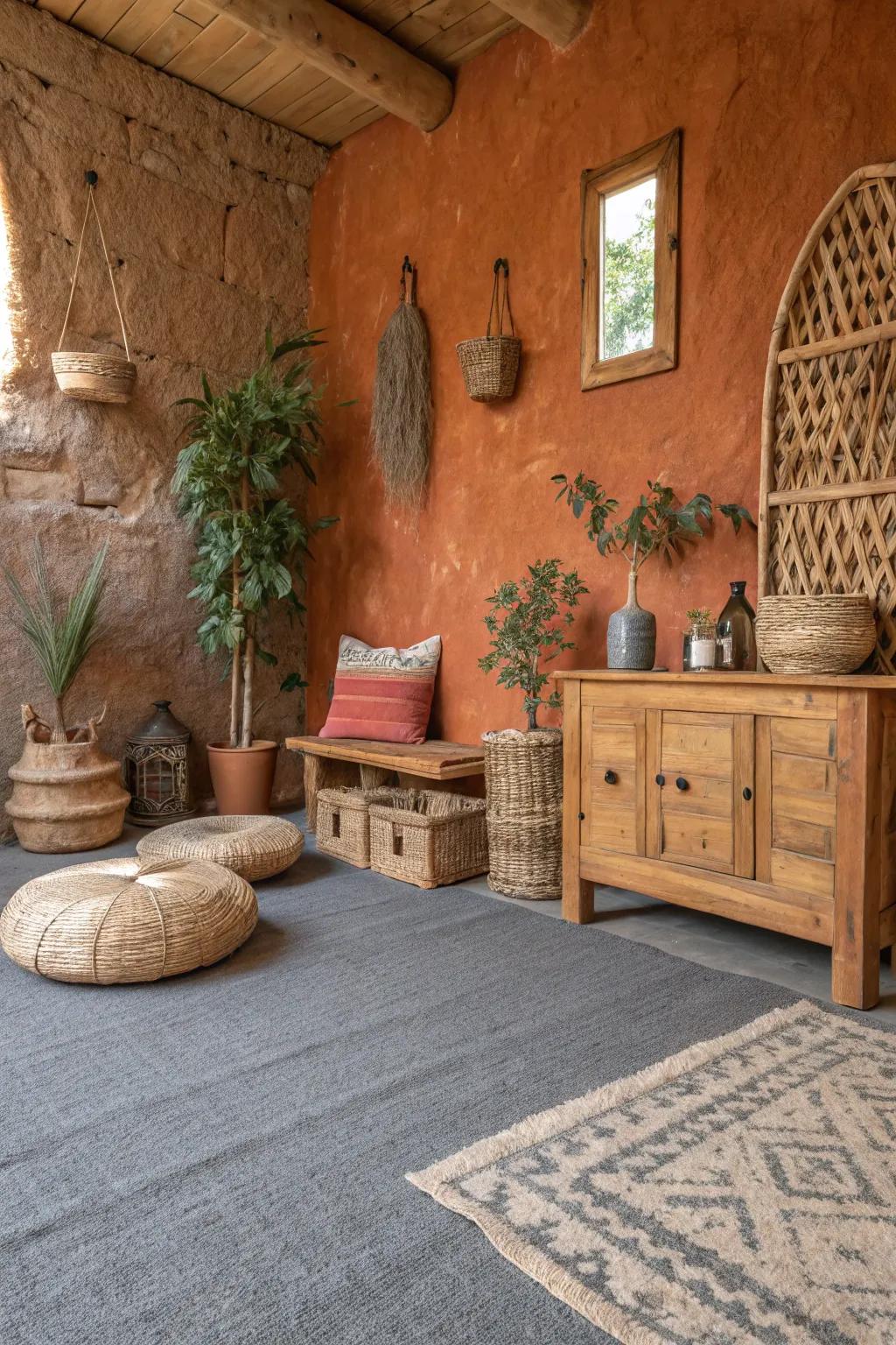 Earth walls bring organic warmth to rooms with grey floor covering.