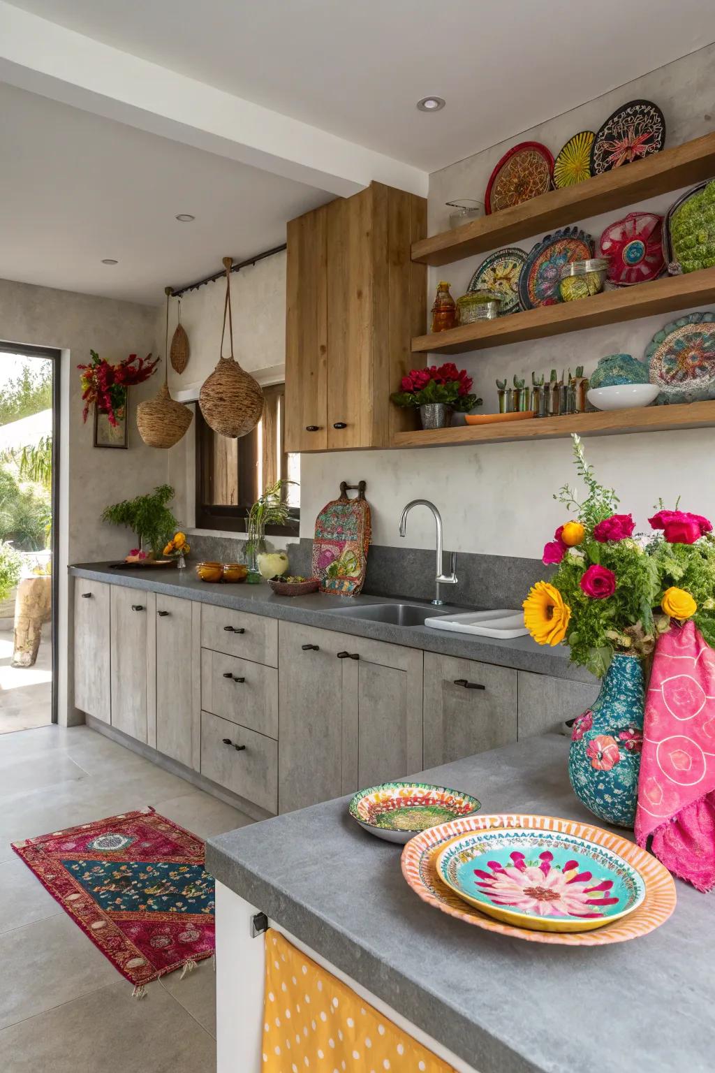 Grey countertops provide the perfect backdrop for colorful additions.