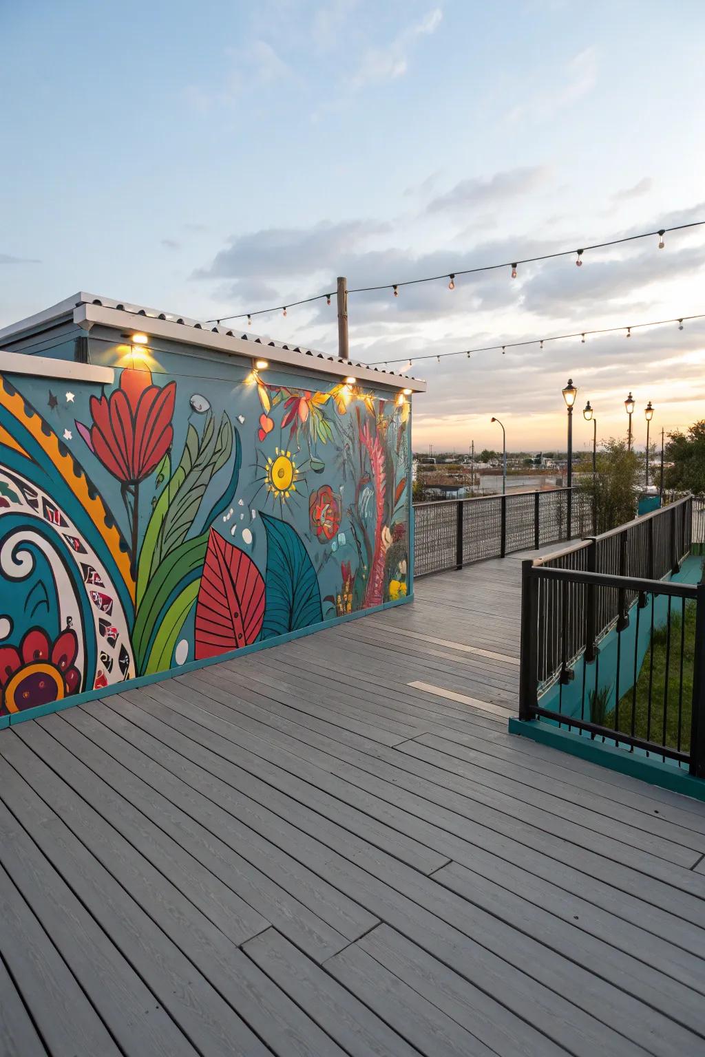 A vibrant art piece adding personality to a grey deck.