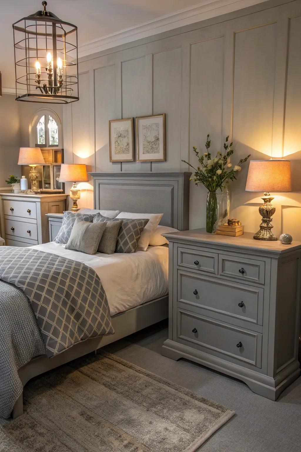 Layered lighting enriches the ambiance within a grey-themed bedroom.