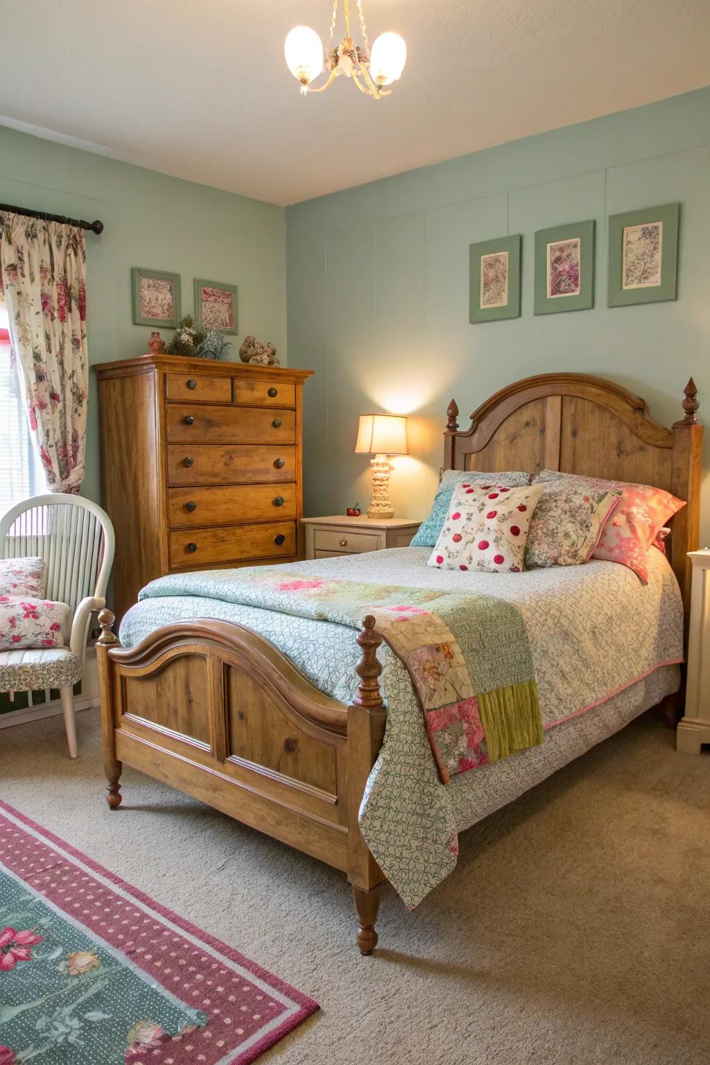 Repurposed furnishings add character and aligns with eco-friendly design.