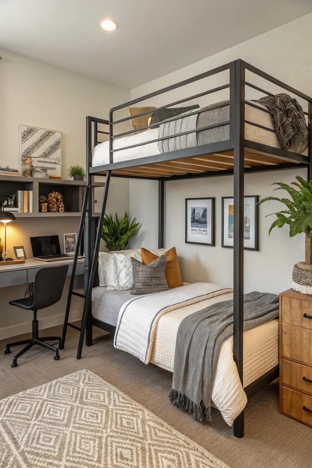 A bunk bed setup that makes the most of the space for sleeping and style.