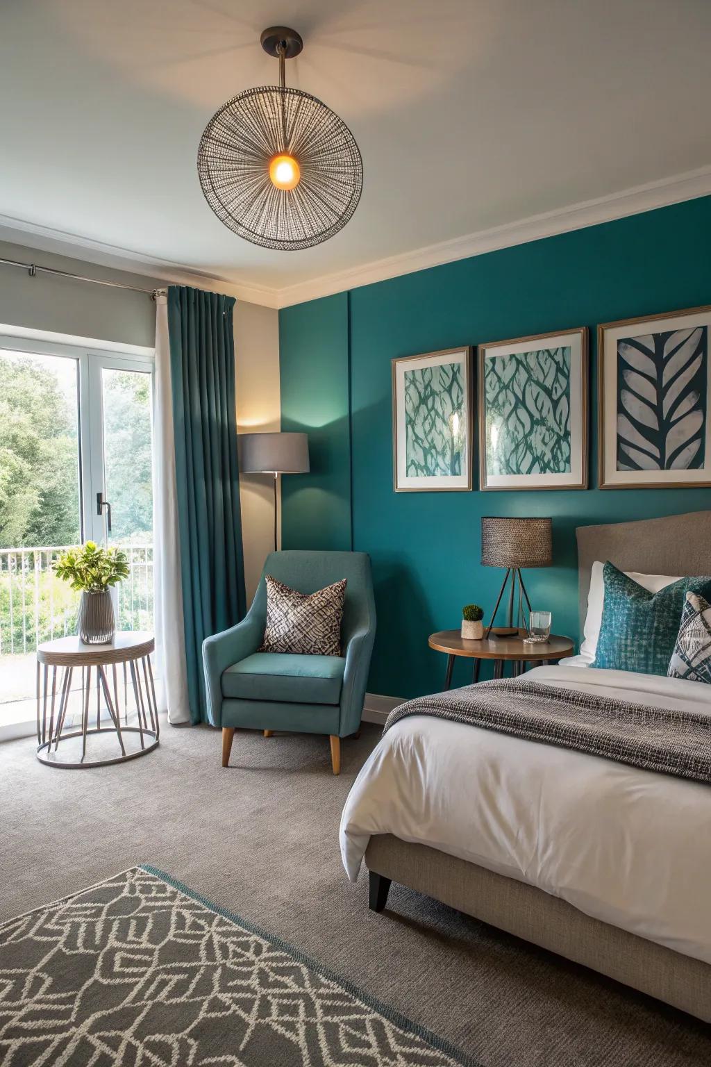 A guest room with modern aquamarine accents for a fresh look.