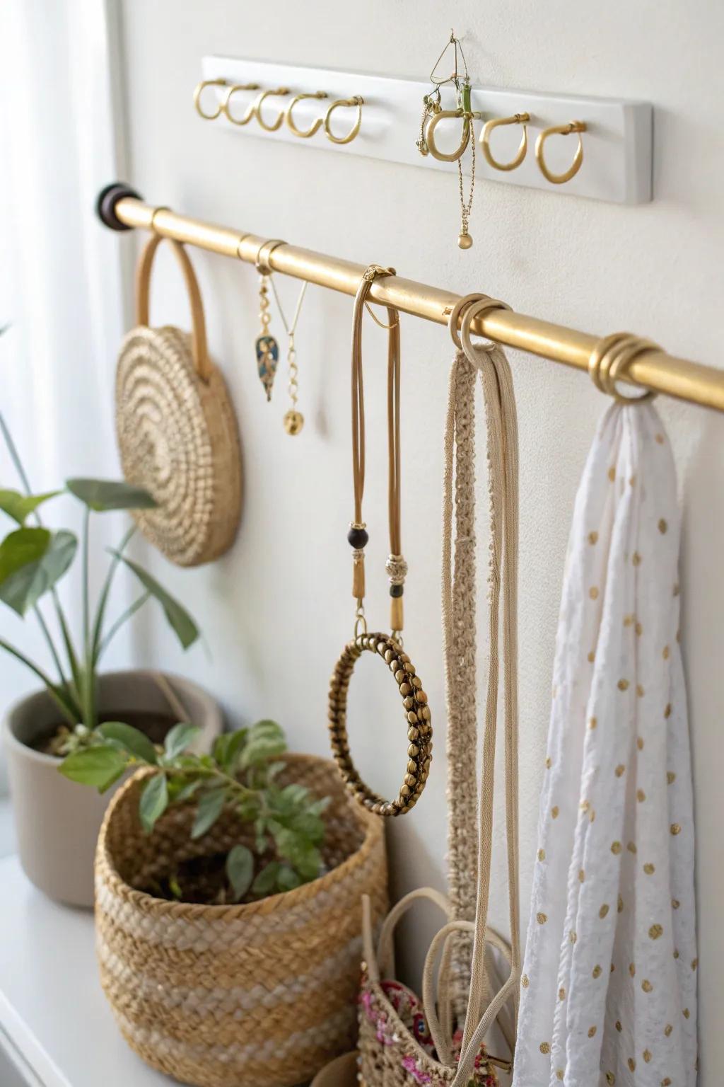 Elevate your accessory organization with chic hanging rods. Keep it simple, stylish, and effortlessly boho-inspired.