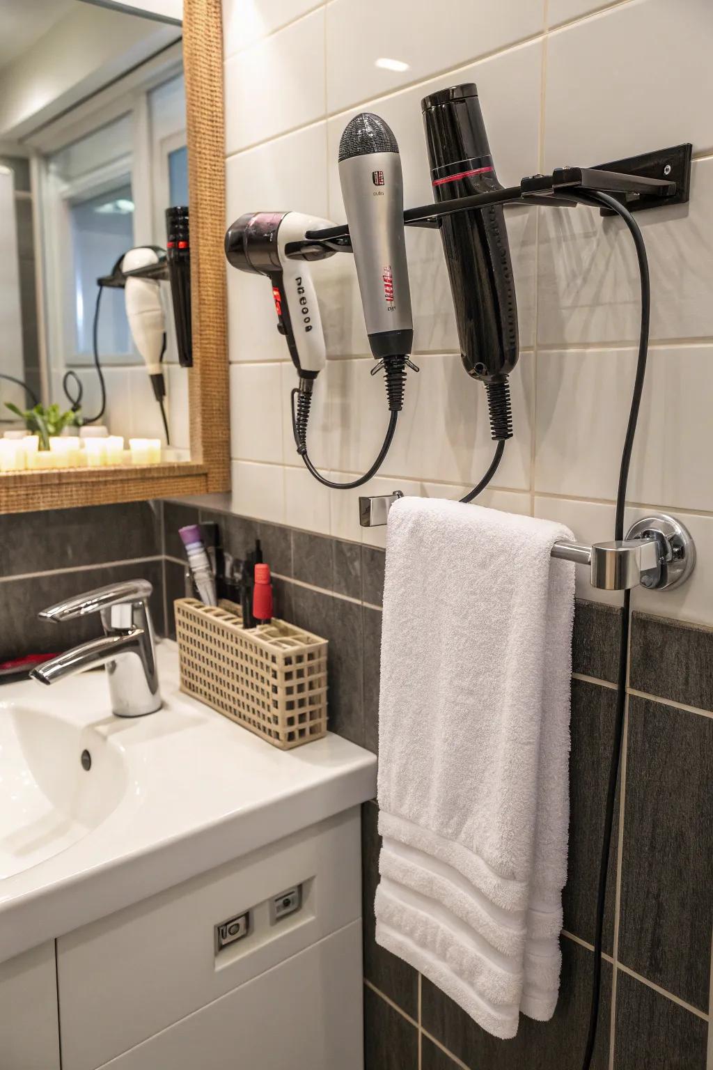 Area-saving towel bar attachments providing efficient tool storage.