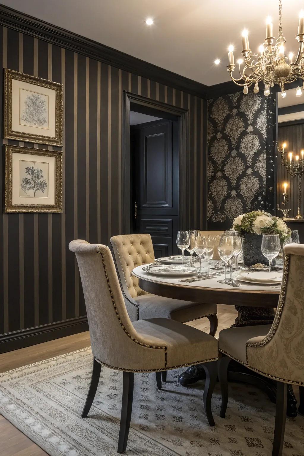 A dramatic dining room with striped wallpaper and solid dark paint, perfect for bold statements.