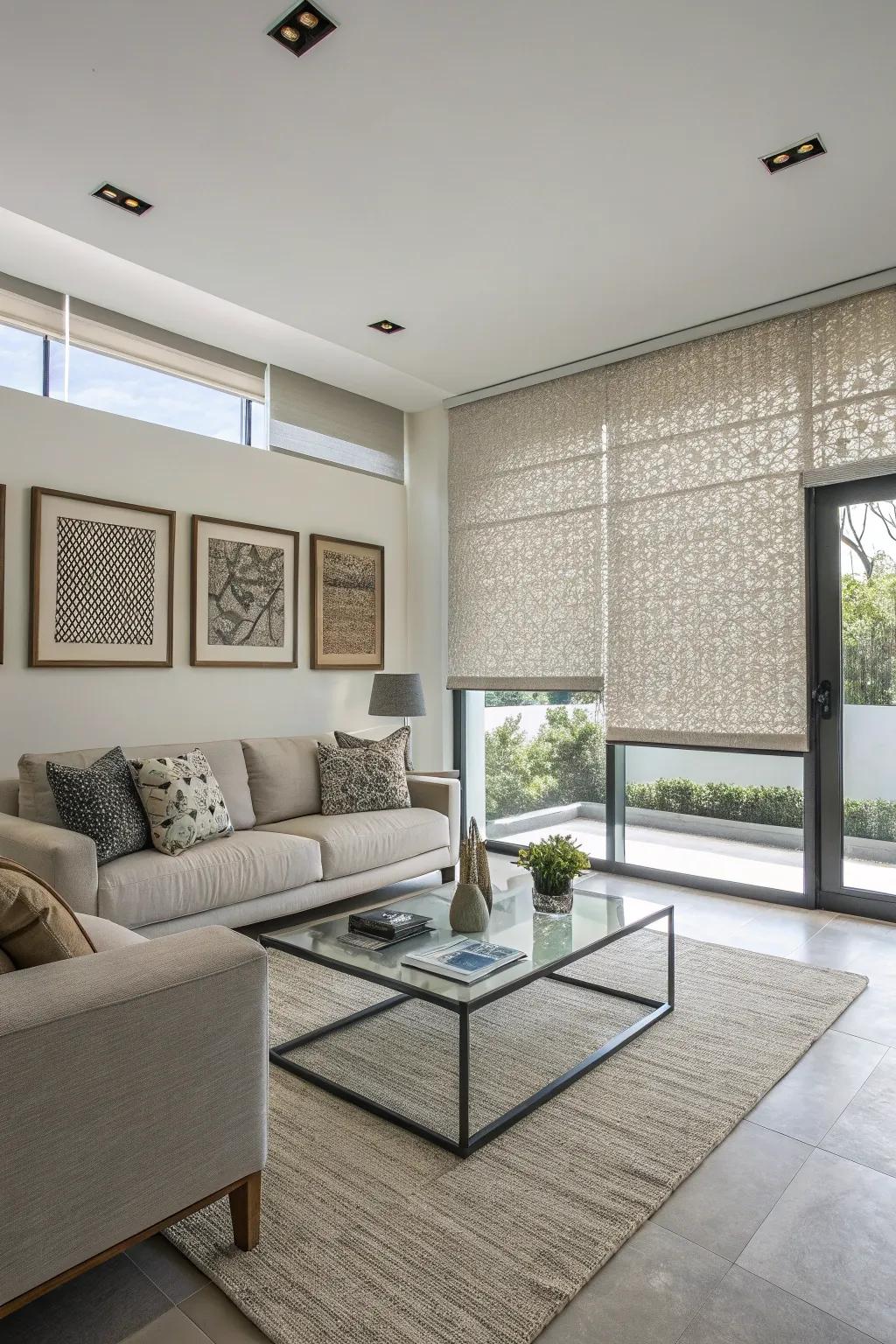 A modern living room with embossed roller shades.