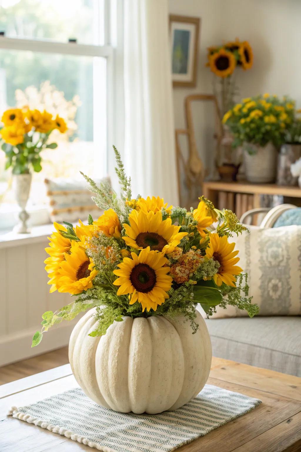 Radiant goldenrods in a squash container present a cheerful twist to Halloween decor.