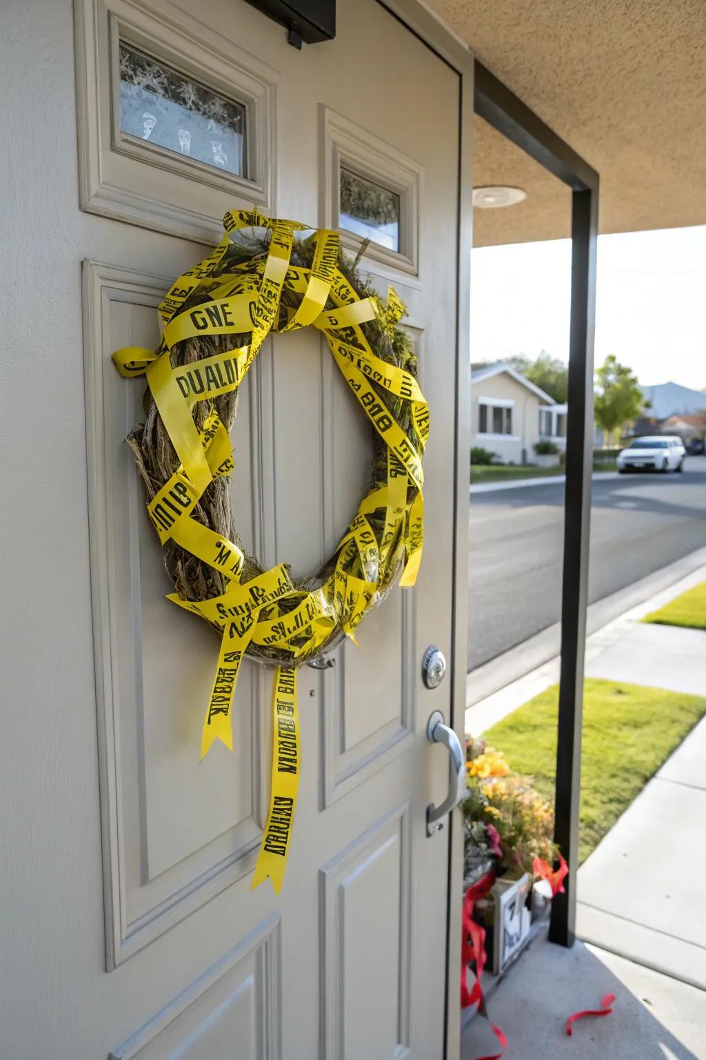 A unique Halloween garland crafted from hazard ribbon.