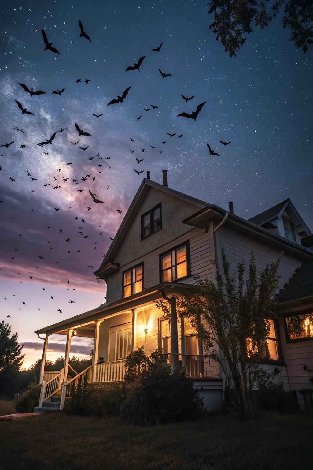 A swarm of bats creates a dynamic and spooky effect.