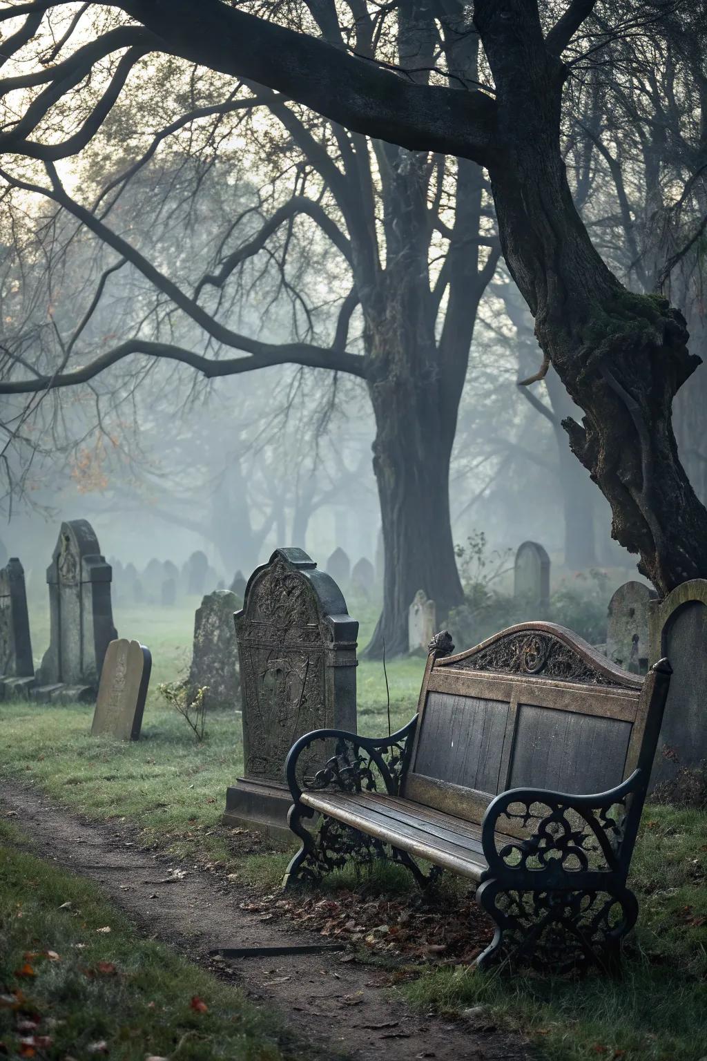 A gothic bench offers a resting place in your graveyard.