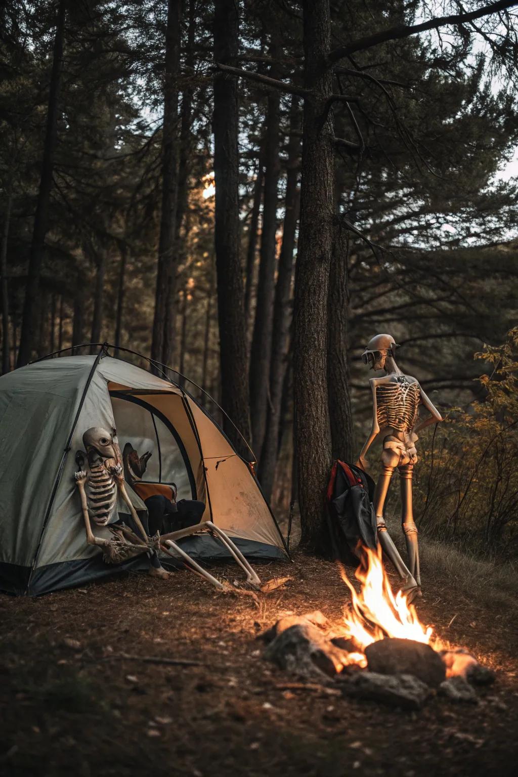 Campground skeletons cultivate a composed and inviting Halloween panorama.
