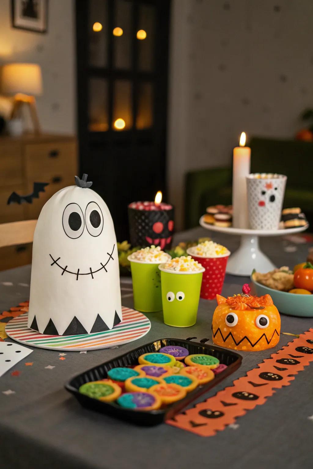 Whimsical elements add a playful touch to the Halloween table.