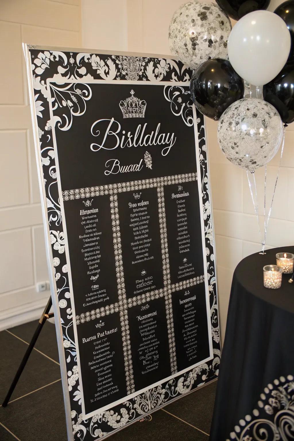 A timeless gray and white birthday display that exudes elegant charm.