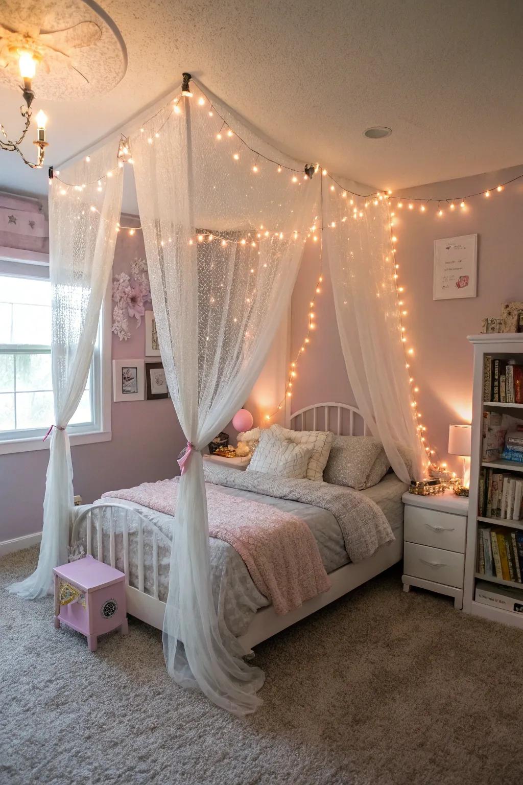 Create a fairytale setting with a canopy headboard.