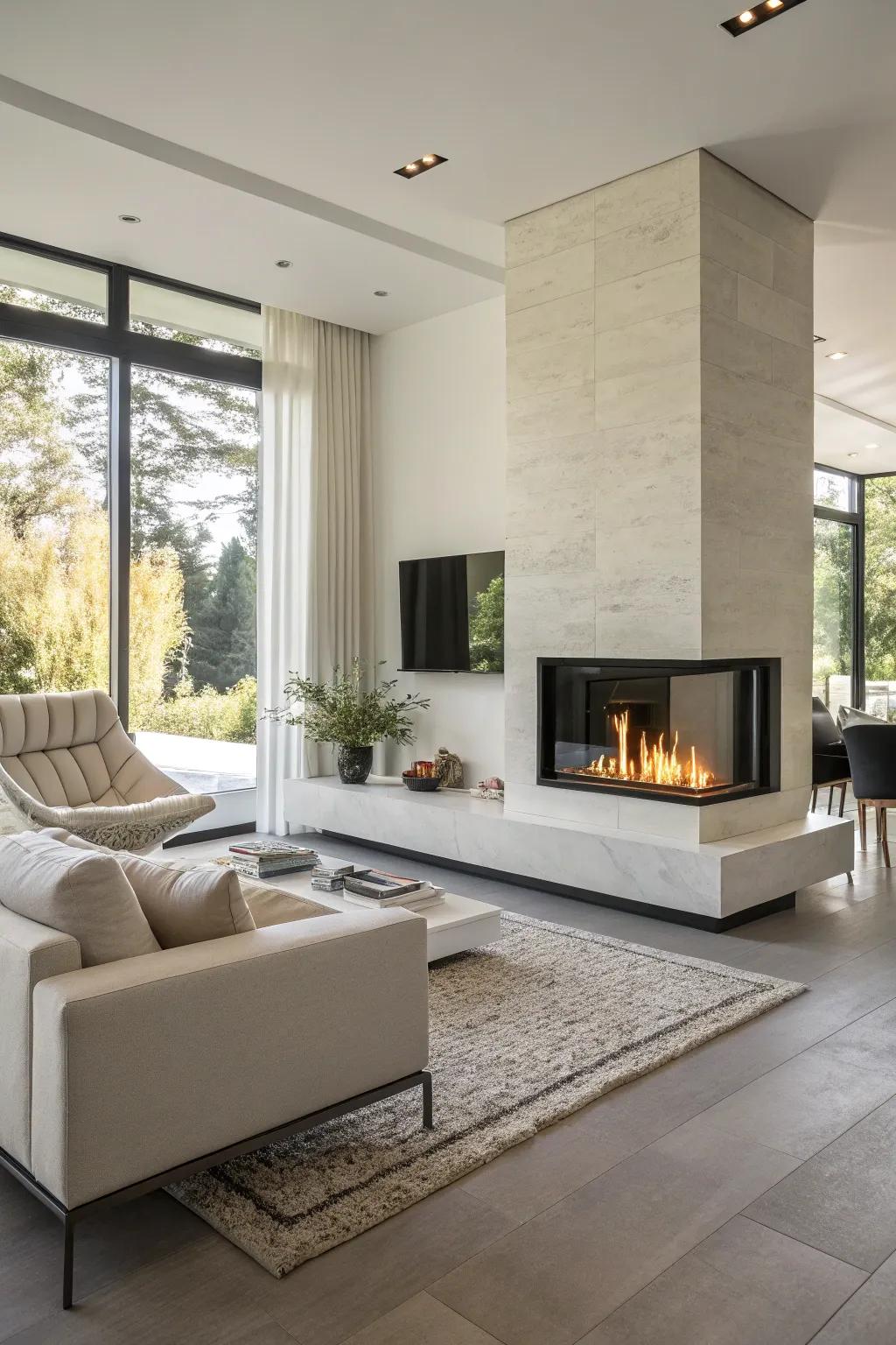A sleek modern living room featuring an alcohol-based heater for a clean and contemporary feel.