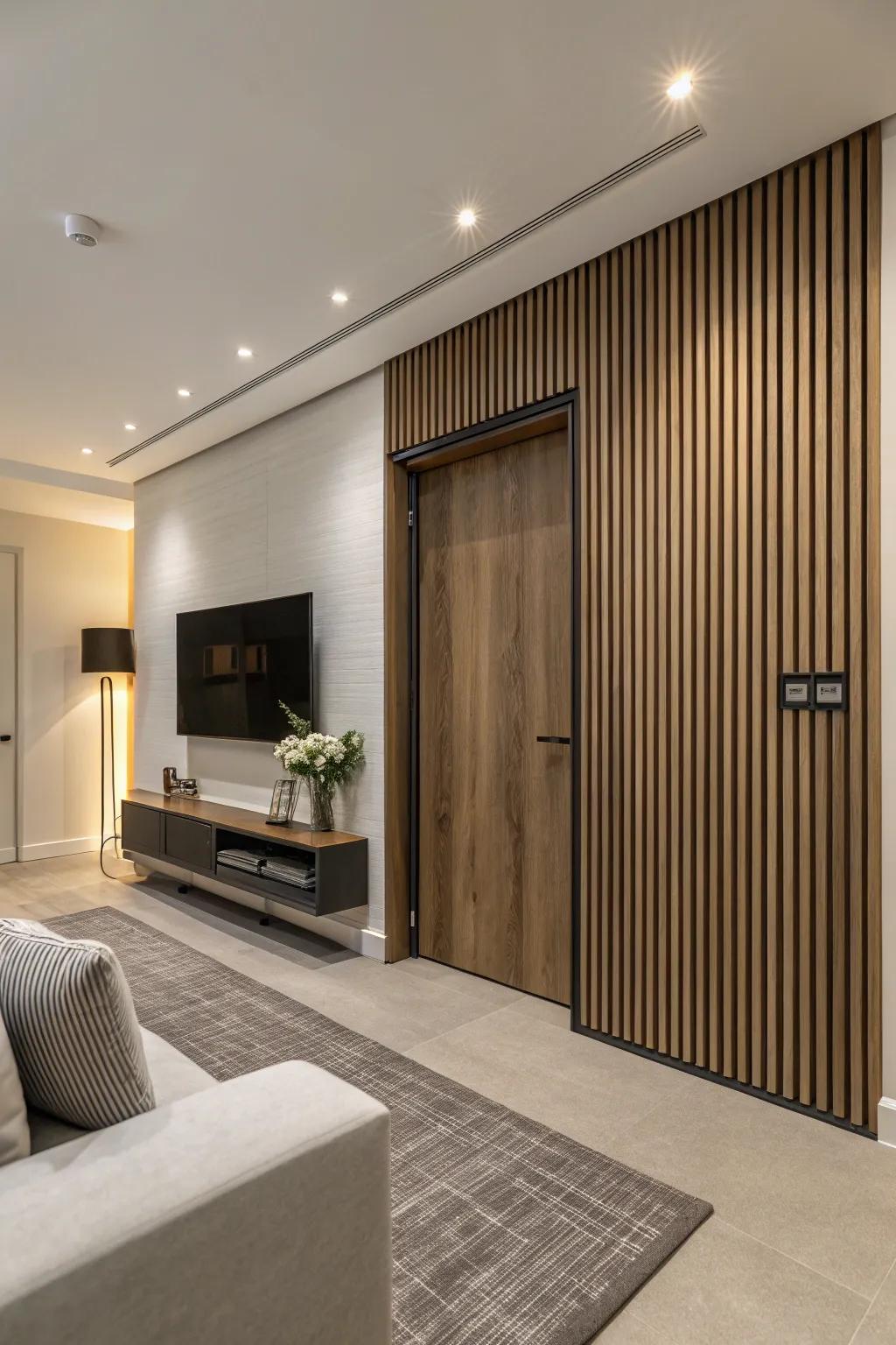 A modern living area featuring a secret entrance camouflaged by vertical accents.